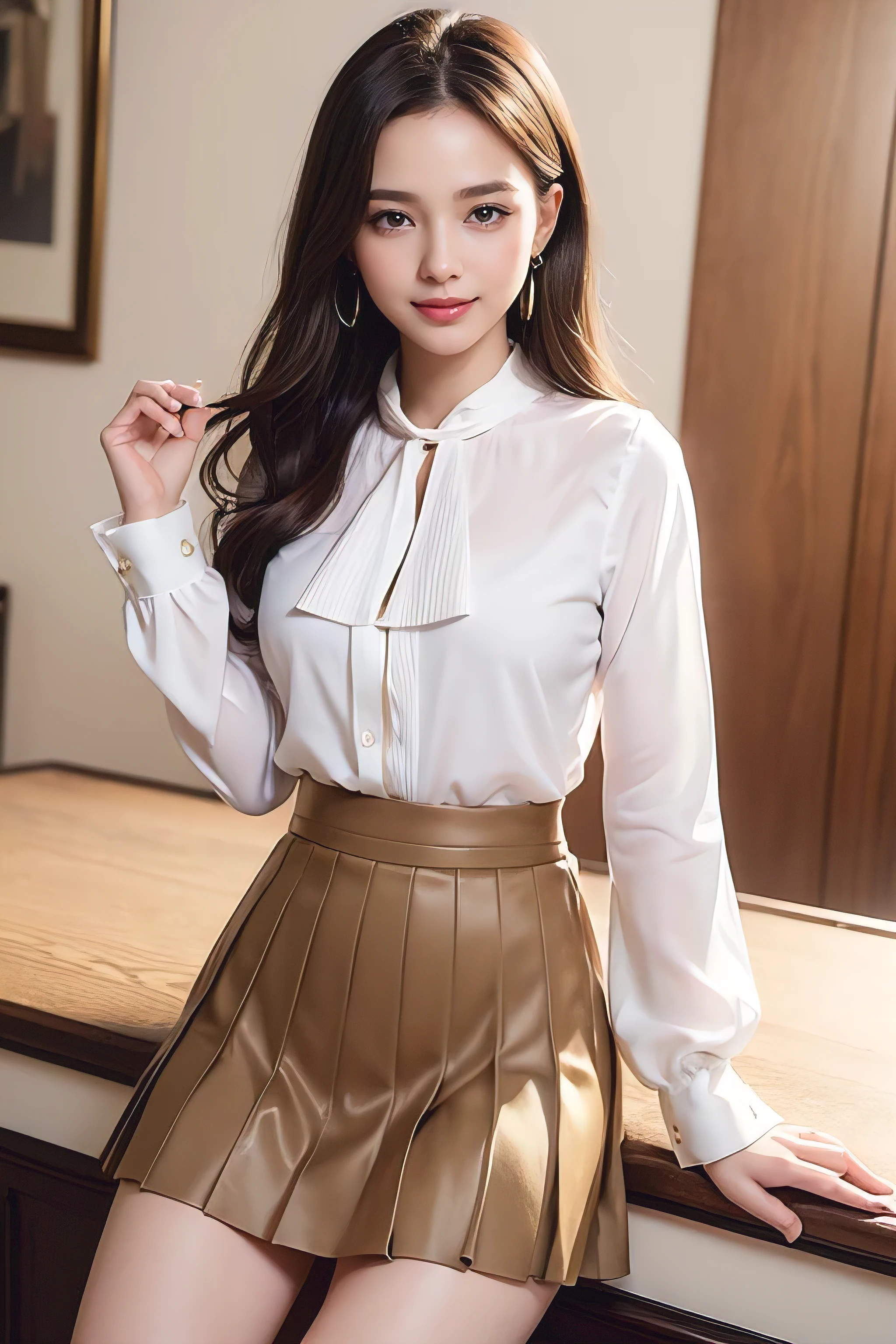 (masterpiece:1.3), high resolution, ultra detailed, extremely detailed CG unity 8k wallpaper, realistic, photo-realistic, RAW photo, beautiful detailed face, pale skin, realistic glistening skin, detailed cloth texture, detailed hair texture, Perfect body, Beautiful Face, accurate, Anatomically correct, Highly detailed face and skin texture, natural neck length, (beautiful hands), (fair skin:1.2), Thin legs, Thin feet, Detailed eyes, symmetric eyes, Light Brown eyes, Double eyelids, Thin eyebrows, (Glossy lips:1.4), ((gently smile:1.2)), (blush:1.1), (A Classy and Cute girl:1.3),fullbody shot、Super long brown hair,Hair with loose waves inside,gold necklace_Large earrings、((White long sleeve buttoned blouse_Brown pleated mini skirt:1.3)),((Medium sized breasts:1.5))))
