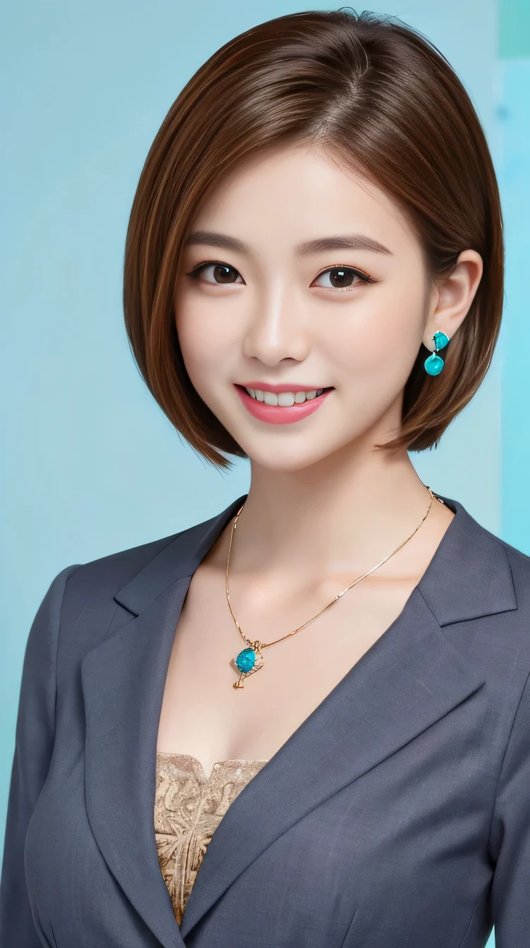 Highest quality:1.2), RAW Photos, High resolution, Very detailed, Intricate details, 、ear piercing、、smile、Beautiful teeth alignment、short hair、Brown Hair、Clear beauty,(High quality fabric, Office Lady Suits 、Necklace around the neck、, The background is the office