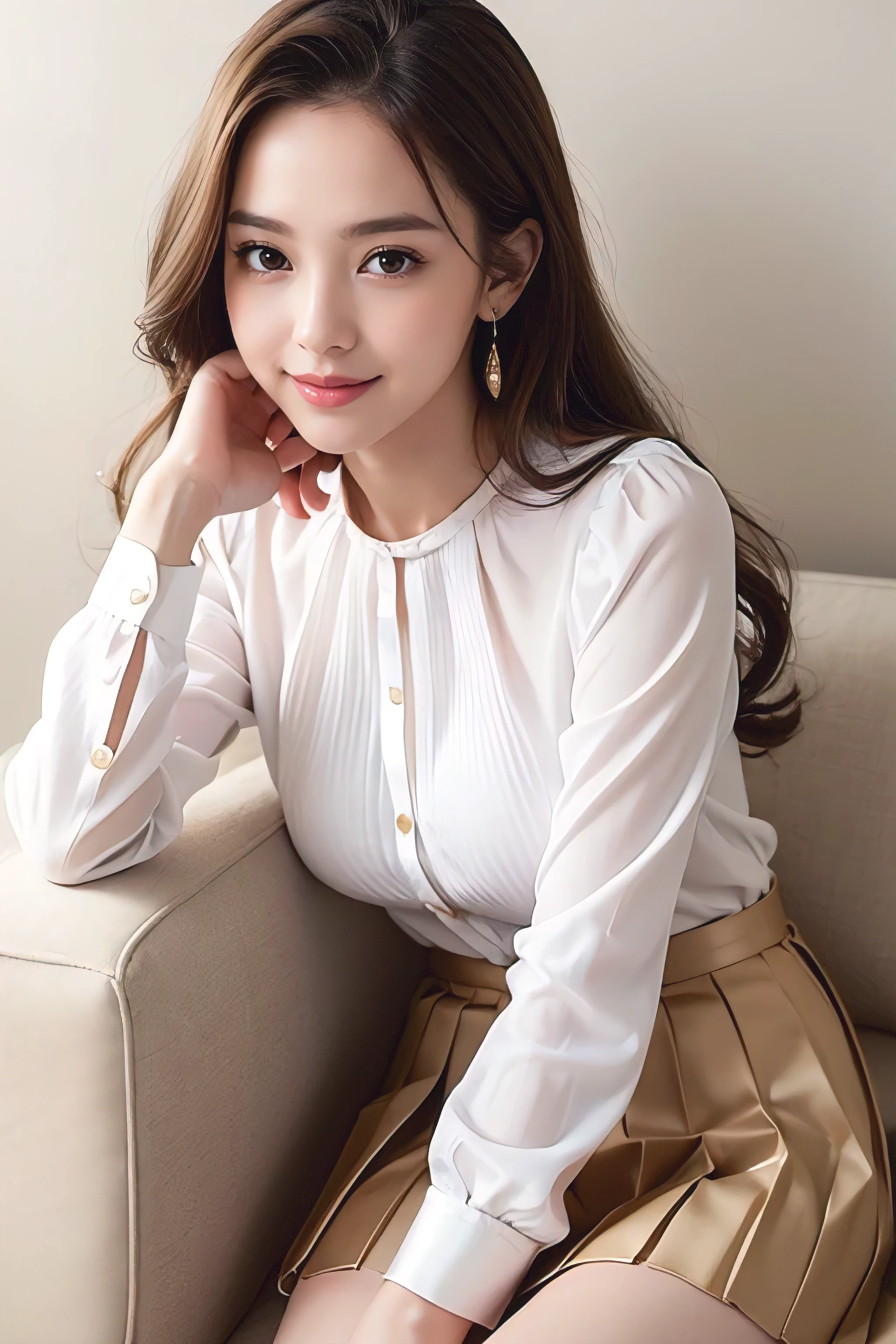 (masterpiece:1.3), high resolution, ultra detailed, extremely detailed CG unity 8k wallpaper, realistic, photo-realistic, RAW photo, beautiful detailed face, pale skin, realistic glistening skin, detailed cloth texture, detailed hair texture, Perfect body, Beautiful Face, accurate, Anatomically correct, Highly detailed face and skin texture, natural neck length, (beautiful hands), (fair skin:1.2), Thin legs, Thin feet, Detailed eyes, symmetric eyes, Light Brown eyes, Double eyelids, Thin eyebrows, (Glossy lips:1.4), ((gently smile:1.2)), (blush:1.1), (A Classy and Cute girl:1.3),fullbody shot、Super long brown hair,Hair with loose waves inside,gold necklace_Large earrings、((White long sleeve buttoned blouse_Brown pleated mini skirt:1.3)),((Medium sized breasts:1.5))))((Place your left hand gently on your chin:1.3))