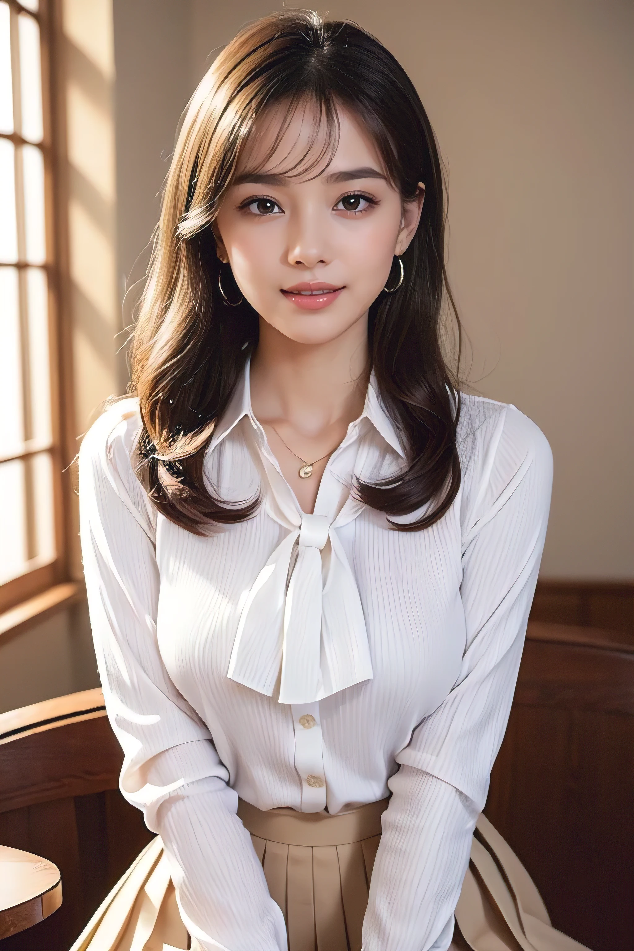 (masterpiece:1.3), high resolution, ultra detailed, extremely detailed CG unity 8k wallpaper, realistic, photo-realistic, RAW photo, beautiful detailed face, pale skin, realistic glistening skin, detailed cloth texture, detailed hair texture, Perfect body, Beautiful Face, accurate, Anatomically correct, Highly detailed face and skin texture, natural neck length, (beautiful hands), (fair skin:1.2), Thin legs, Thin feet, Detailed eyes, symmetric eyes, Light Brown eyes, Double eyelids, Thin eyebrows, (Glossy lips:1.4), ((gently smile:1.2)), (blush:1.1), (A Classy and Cute girl:1.3),fullbody shot、Super long brown hair,Hair with loose waves inside,gold necklace＿Large earrings、((White long sleeve buttoned blouse_Brown pleated mini skirt:1.3)),((Medium sized breasts:1.5))))((Place your left hand gently on your chin:1.3))
