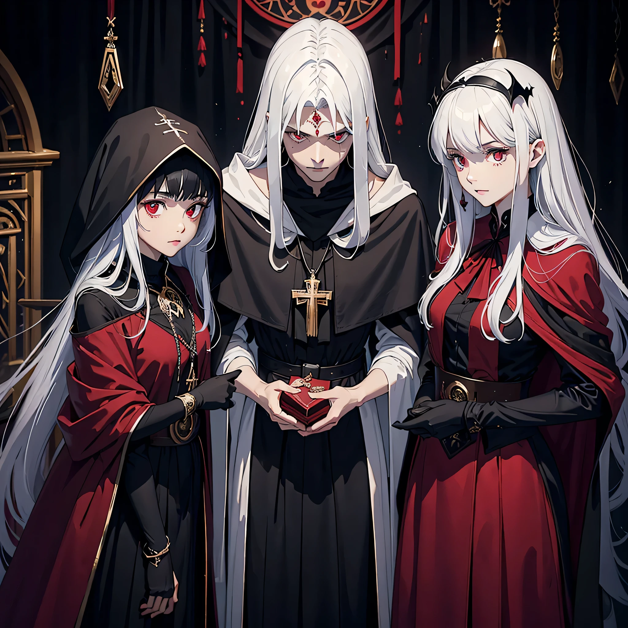 Clothing of the Apostles of the Vampire Religion Ceremonial Robes: Farbe: The tunics are predominantly black, symbolizing the connection with darkness and the mystery of vampires. detaileds em vermelho profundo ou bordô, representing blood and life, adorn the edges and sleeves. material: Made from luxurious fabrics like silk or velvet, to give a feeling of wealth and power. Farbete: Long and fluid, hitting the ground, with wide sleeves that open in the shape of a bell, allowing graceful and imposing movements during ceremonies. Capa com hooded cloak: hooded cloak: A wide hood that can partially cover the face, adding an air of mystery and reverence. Interior of the hood lined with red fabric, visible when hood is worn. detaileds: The cape is fastened at the shoulder with brooches in the shape of bats or stylized crosses, symbols associated with vampires. Adornments and accessories: collars: collars pesados com pingentes em forma de dentes de vampiro, drops of blood or small vials containing red liquid, symbolizing the essence of life and submission to vampiric power. Belts: Belts de couro escuro com fivelas ornamentadas, where the apostles can carry small sacred books, amulets or ritual tools. mitts: mitts de couro fino ou renda preta, to add a touch of elegance and mystery. Insignia and emblems: Symbols: Each apostle wears an insignia embroidered in silver or gold on his chest or cape., representing their position within the religious hierarchy. The symbol may be an inverted cross with bat wings, a chalice with blood or a crescent moon. Pistas: Pistas de cetim ou seda atravessando o peito, with inscriptions or runes in the ancient language of vampires, indicating the title and order of the apostle. Ceremonial Masks: Design: In certain ceremonies, apostles may wear stylized silver or black metal masks, with delicate features that resemble pale, immortal faces. Masks cover the eyes and nose, leaving only the mouth visible