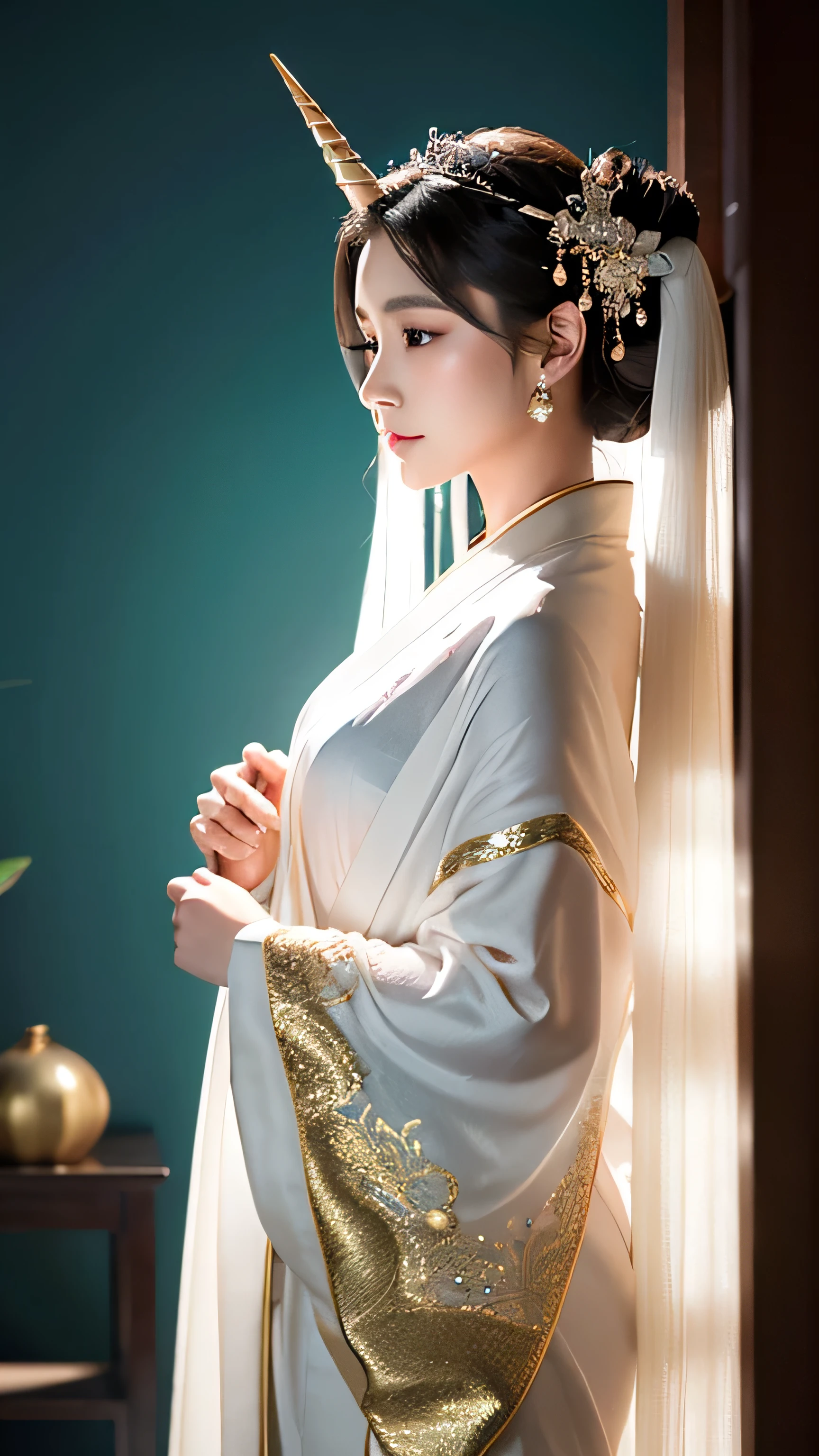 ### Prompt: Japanese Humanized Unicorn
Create an ultra-realistic depiction of a humanized unicorn, combining her mythical and ethereal qualities with the appearance of a beautiful young Japanese woman.
**Overall Appearance**:
- **Body**: She has a slender and graceful figure, standing around 160 cm tall. Her posture is elegant, exuding an air of calm and serenity.
- **Skin**: Her skin is smooth and flawless, with a porcelain-like quality. It glows with a subtle iridescence, reflecting hints of pastel colors.
- **Horn**: A delicate, spiraled unicorn horn extends from her forehead, shimmering with an ethereal glow.
- **Mane**: Her hair is long, straight, and silky, cascading down her back. It is a brilliant black, with strands of silver and gold that catch the light beautifully.
- **Eyes**: Her eyes are large and expressive, with a deep, soulful gaze. They are a striking shade of brown, reflecting wisdom and kindness. Long, fluttery eyelashes frame her eyes, enhancing their enchanting appearance.
- **Facial Features**: She has delicate and refined facial features, with high cheekbones, a straight nose, and full, rosy lips. Her expression is serene and gentle, radiating warmth and kindness.
**Clothing and Accessories**:
- **Attire**: She wears a flowing, ethereal kimono made of light, translucent fabric that moves gracefully with her. The kimono is adorned with intricate patterns and symbols, reminiscent of ancient, mystical designs. It is predominantly white with subtle accents of pastel colors.
- **Accessories**: She is adorned with delicate jewelry, including a silver tiara, earrings, and a necklace, all featuring small, shimmering gemstones. She may also have flowers woven into her hair, adding to her otherworldly beauty.
**Pose and Action**:
- **Pose**: She stands tall and poised, her head held high and her gaze directed forward. Her stance is confident and regal, exuding a sense of calm and power.
- **Movement**: Her movements are fluid and graceful, as if sh