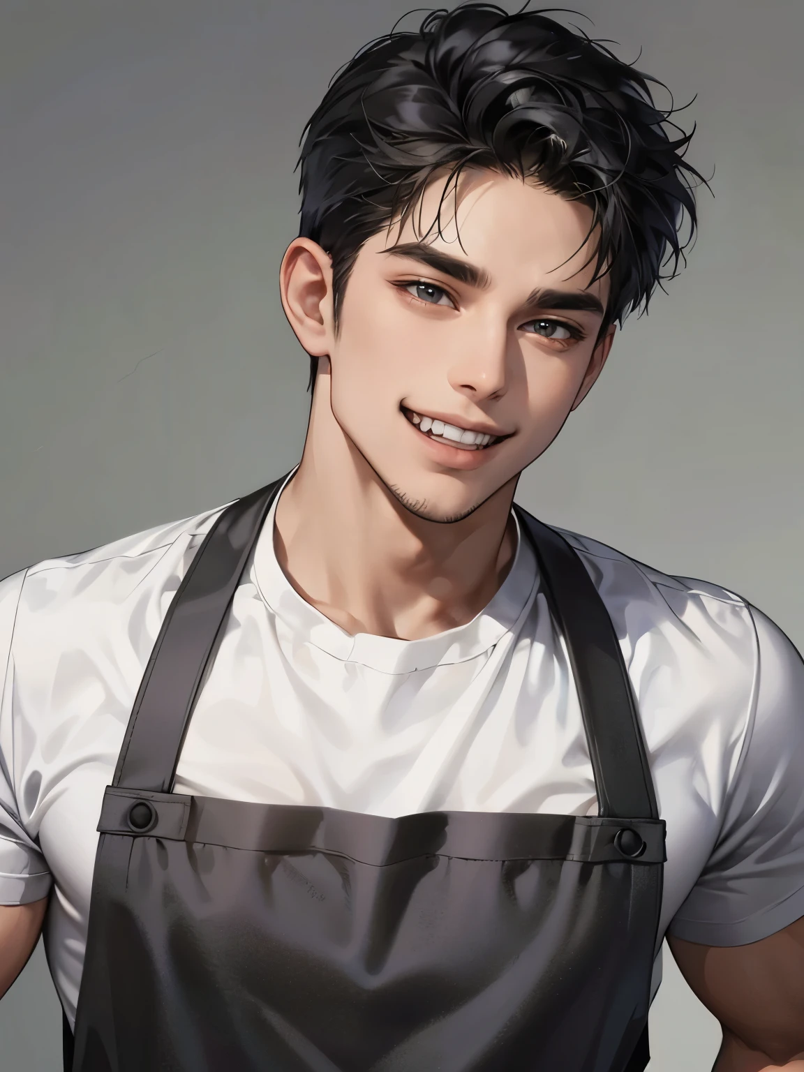 (Portrait),men wear dark gray shining apron over white T-shirt, muscular and handsome,fang,black hair,facial hair,Smile, Open Mouth, Depth Of Field,