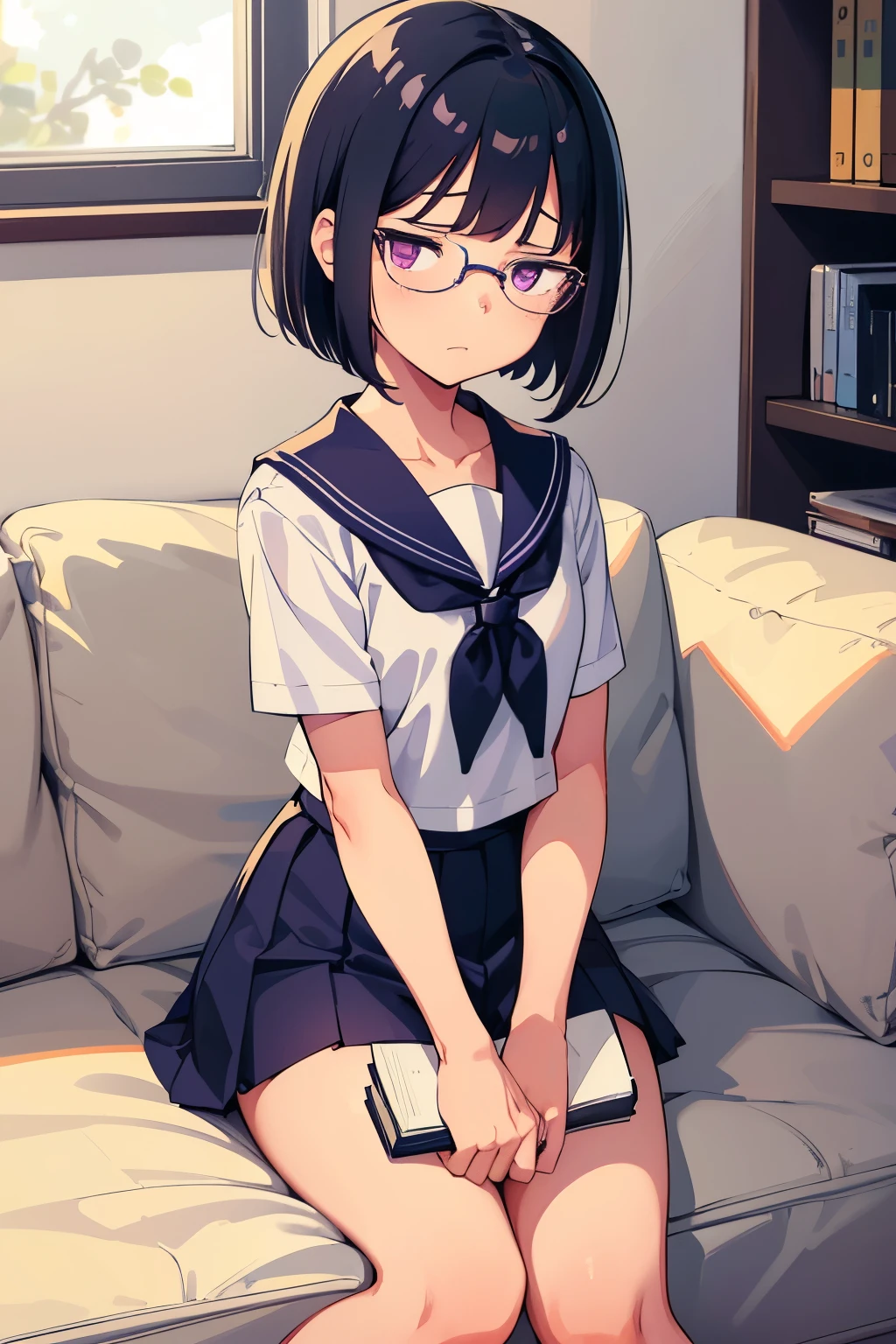 Elementary school girl, 8 years old, toddler, flat chest, black hair, short bob, glasses, purple eyes Confused eyes Bad mood (One person) white short sleeve sailor uniform Navy blue mini skirt White panties ((I can see her panties)) White socks living room Sitting on the sofa reading a book Dynamic angle Low angle