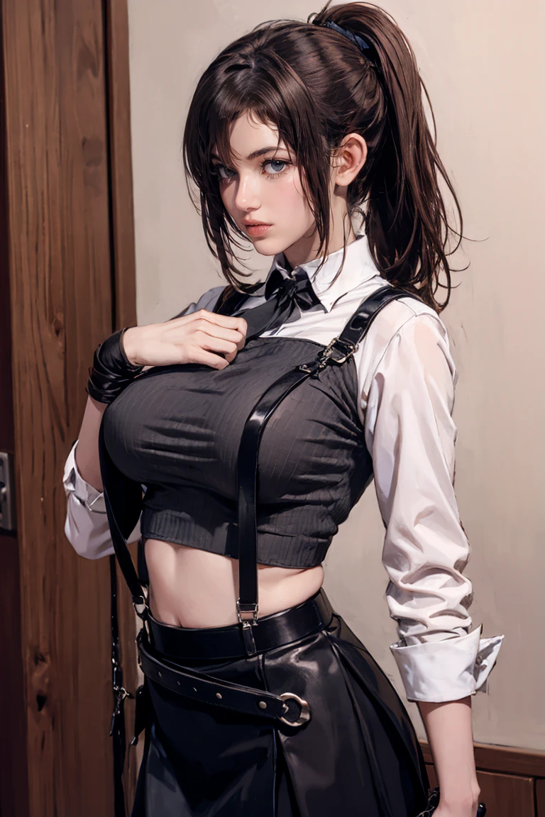 Black Skirt, 　suspenders, Brown hair Gray eyes, 脚にガーターbelt, Tight clothing, belt, Dark look, holster ,beltチェーン,ponytail, Large Breasts, (Browsing Caution:0.9)