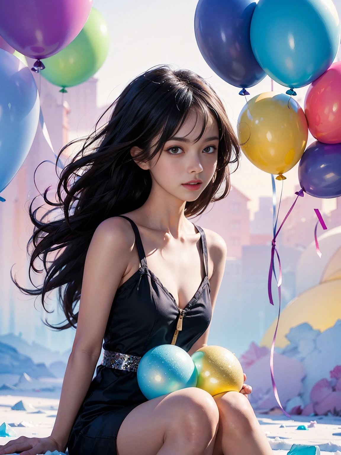 A girl sitting on a giant ice cream, which is adorned with vibrant colors, delightful frosting, and rainbow sprinkles. She holds an oversized waffle cone,shimmering candies. Floating around her are some small balloons, each tied to a candy. The scene is filled with sweetness and joy, showcasing the girl's happiness and the enchanting fusion of her imagination and a fantastical world,fantasy, high contrast, ink strokes, explosions, over exposure, purple and red tone impression , abstract, ((watercolor painting by John Berkey and Jeremy Mann )) brush strokes, negative space,