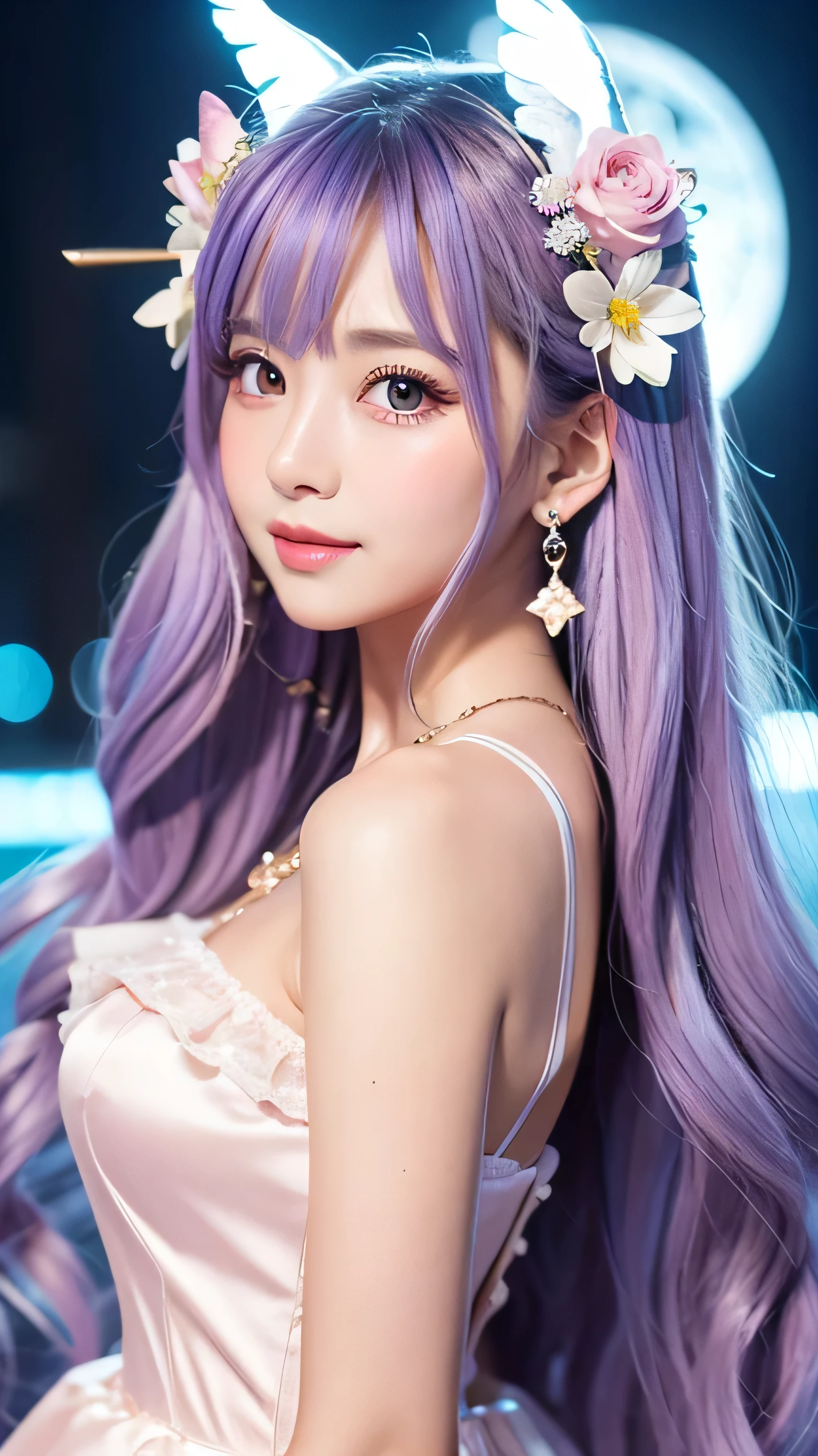 ### Prompt: Moe Character Unicorn

Create an ultra-cute and enchanting depiction of a humanized unicorn, transformed into an irresistibly adorable moe character.

**Overall Appearance**:
- **Height**: She stands at an average height for a young woman, around 160 cm, with a  and well-proportioned body. Her figure is slender yet curvy, exuding a blend of youthful charm and grace.
- **Skin**: Her skin is smooth and porcelain-like, glowing with a soft, ethereal light. It's flawless, with a slight blush giving her cheeks a rosy hue.
- **Horn**: A small, delicate, spiraled unicorn horn extends from her forehead, shimmering with a gentle glow.
- **Mane**: Her hair is long and flowing, cascading down to her waist in soft, wavy locks. It is a brilliant mix of pastel colors like pink, lavender, and blue, adding to her magical appearance. It shimmers like spun silk.
- **Eyes**: Her eyes are large and sparkling, with a captivating, bright hue. They are framed by long, fluttery eyelashes that enhance her innocent and enchanting gaze. Her eyes reflect kindness and curiosity.
- **Facial Features**: She has delicate and refined facial features, with high cheekbones, a small nose, and full, glossy lips. Her expression is always cheerful and inviting, with a sweet and gentle smile.

**Clothing and Accessories**:
- **Attire**: She wears a moe-style outfit blending traditional and modern elements. Her dress is a soft pastel color with frills, lace trim, and a large, adorable bow at the waist. The bodice is fitted, enhancing her cute and graceful appearance.
- **Accessories**: She wears a delicate, glowing halo above her head. Her jewelry includes small, star-shaped earrings and a matching necklace. She may also have flowers woven into her hair, adding to her otherworldly beauty.

**Pose and Action**:
- **Pose**: She stands tall and poised, her head held high and her gaze directed forward. Her stance is confident yet innocent, exuding a sense of calm and power.
- **Movement**: Her