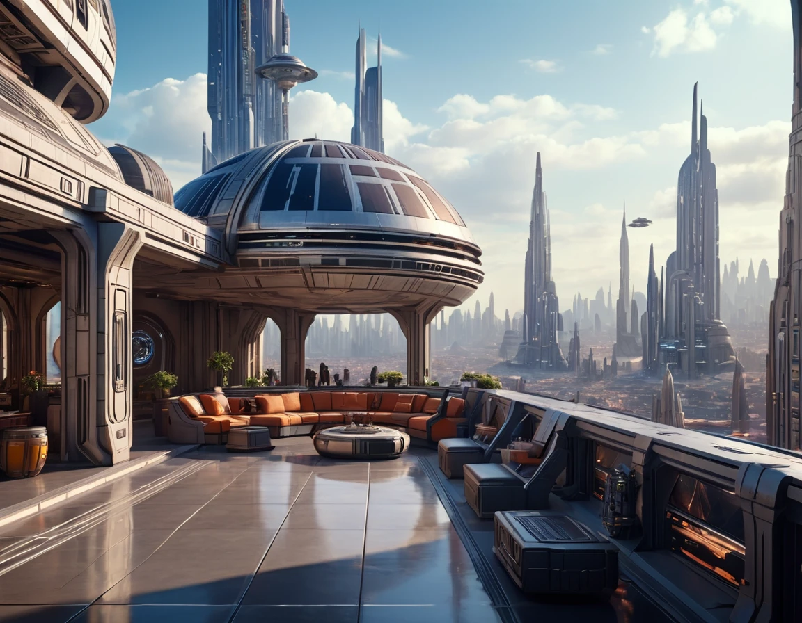 View from a terrace on Coruscant city in Star Wars, Huge futuristic building, (design:doug chiang), Top quality machine with intricate details, Cinematic Style, Absolute sharpness, 8k images.(masterpiece).