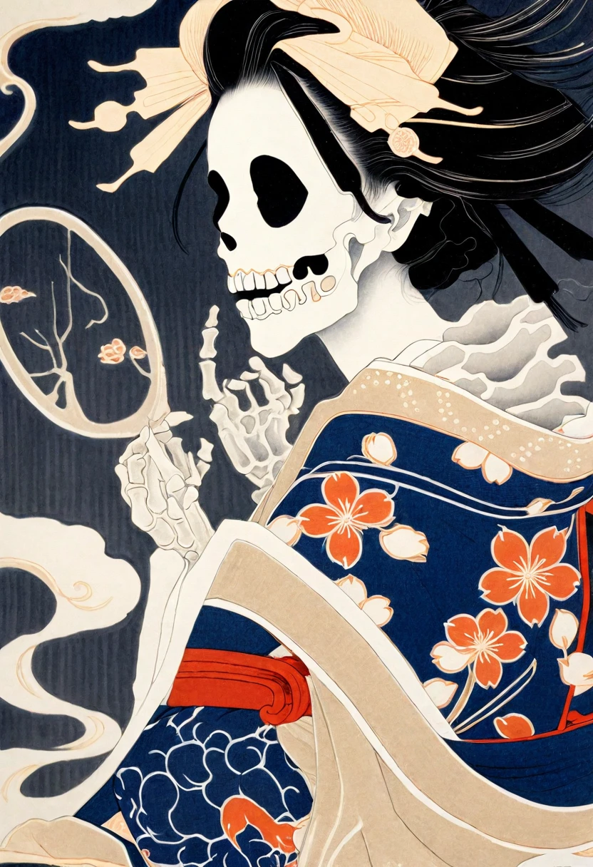 A female skeleton wearing a gorgeous kimono, Katsushika Hokusai, Ink Painting, Japanese style, Modern ukiyo-e style,
