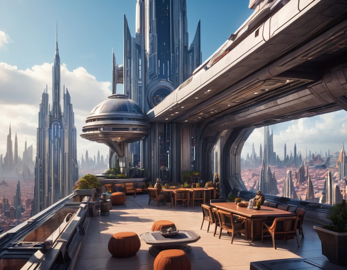 View from a terrace on Coruscant city in Star Wars, Huge futuristic building, (design：doug chiang), Top quality machine with intricate details, Cinematic Style, Absolute sharpness, 8k images.(masterpiece).