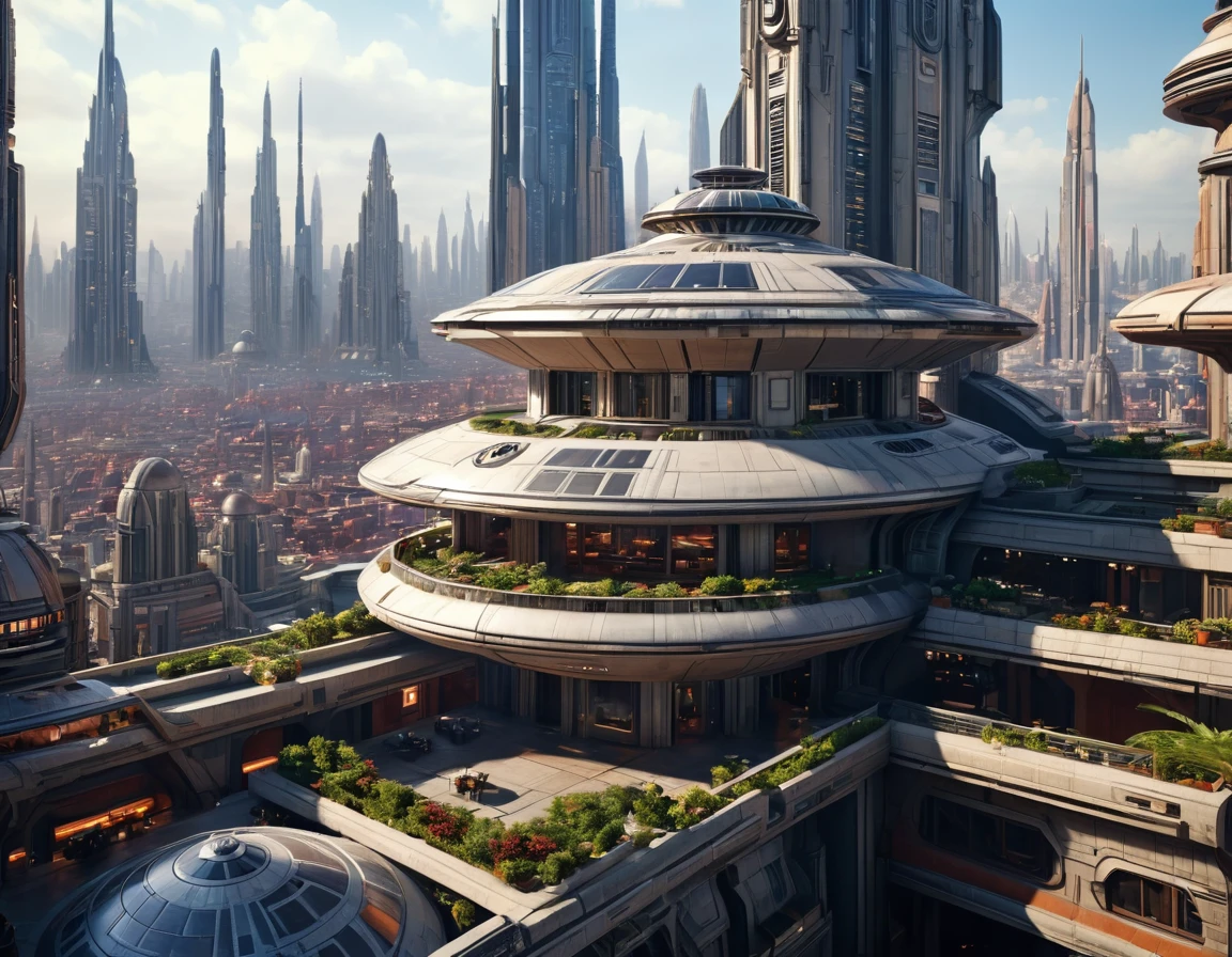 View from a terrace on Coruscant city in Star Wars, Huge futuristic building, (design:doug chiang), Top quality machine with intricate details, Cinematic Style, Absolute sharpness, 8k images.(masterpiece).
