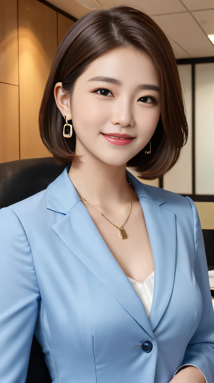 Highest quality:1.2), RAW Photos, High resolution, Very detailed, Intricate details, 、ear piercing、、Closed mouth smile、、short hair、Black Hair、Clear beauty,(High quality fabric, Office Lady Suits 、Necklace around the neck、, The background is the office