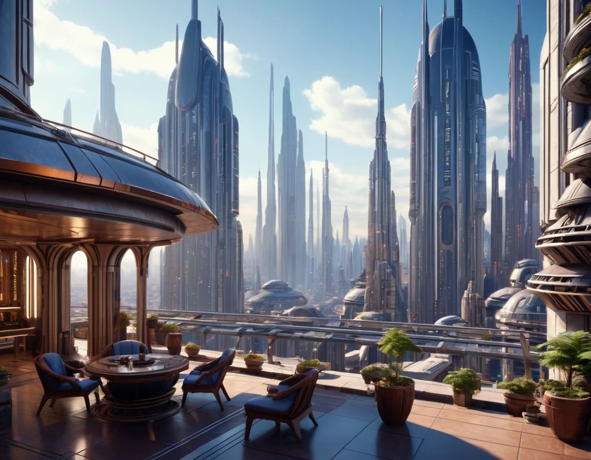 View from a terrace on Coruscant city in Star Wars, Huge futuristic building, (design:doug chiang), Top quality machine with intricate details, Cinematic Style, Absolute sharpness, 8k images.(masterpiece).