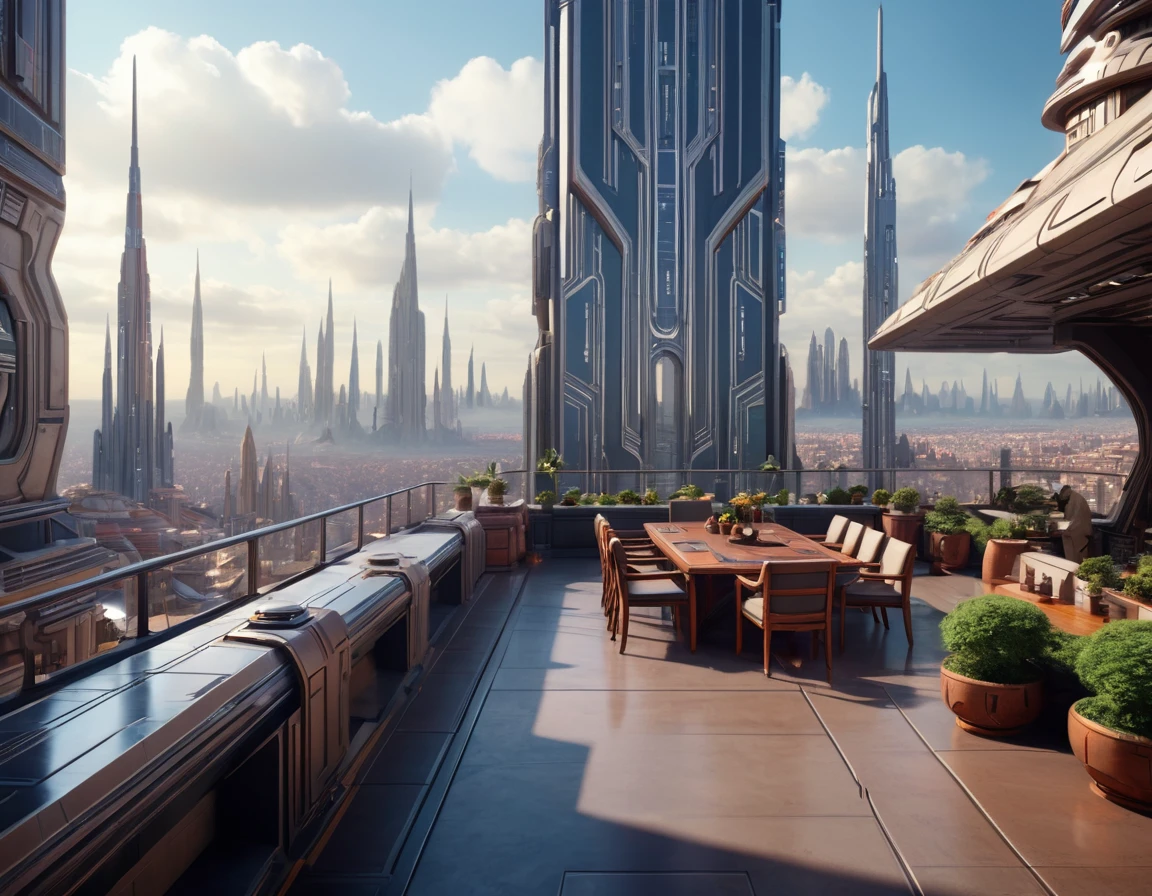 View from a terrace on Coruscant city in Star Wars, Huge futuristic building, (design：doug chiang), Top quality machine with intricate details, Cinematic Style, Absolute sharpness, 8k images.(masterpiece).