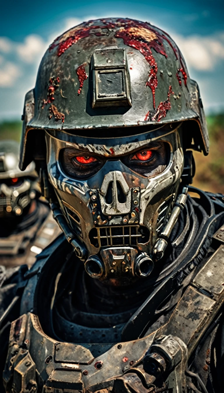 Close-up of a ((zombie warior)) , half human, half beast, their faces partially obscured by military helmets. Their eyes are filled with sadness and longing. The background is a trail of blood and violence. He wears a mechanized robot armor, carved with animal elements, human skulls. The sky is filled with swirling, fiery clouds. The photo conveys a strong sense of the warrior's appearance.