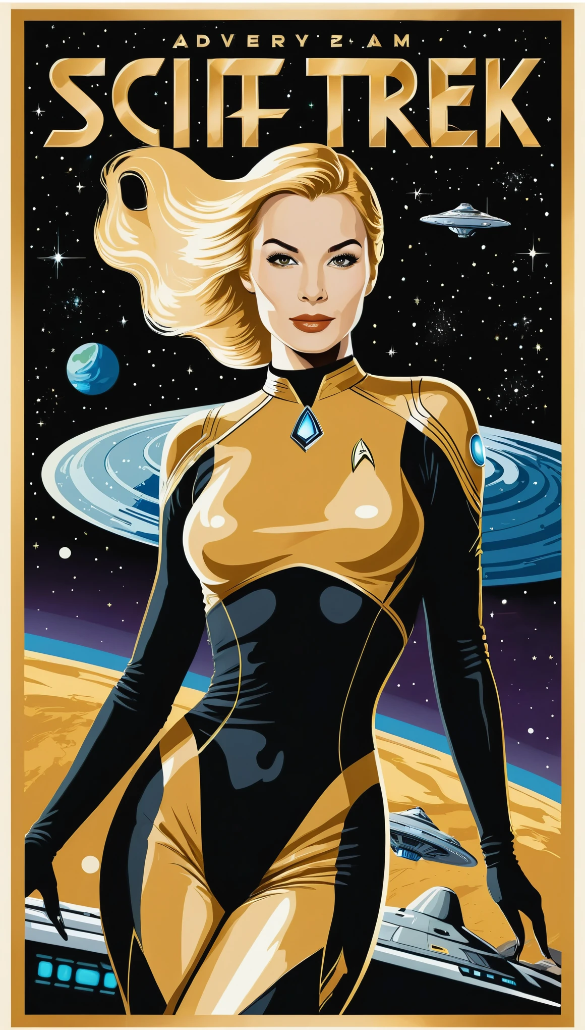 (masterpiece:1.2),Black and gold bicolor vector art,Jody Berghsma style,Vector Flat,(Sci-fi movie posters:1.6),Sexy Woman,Space Body Suit,star trek style,Milky Way,planet,Spaceship,adventure