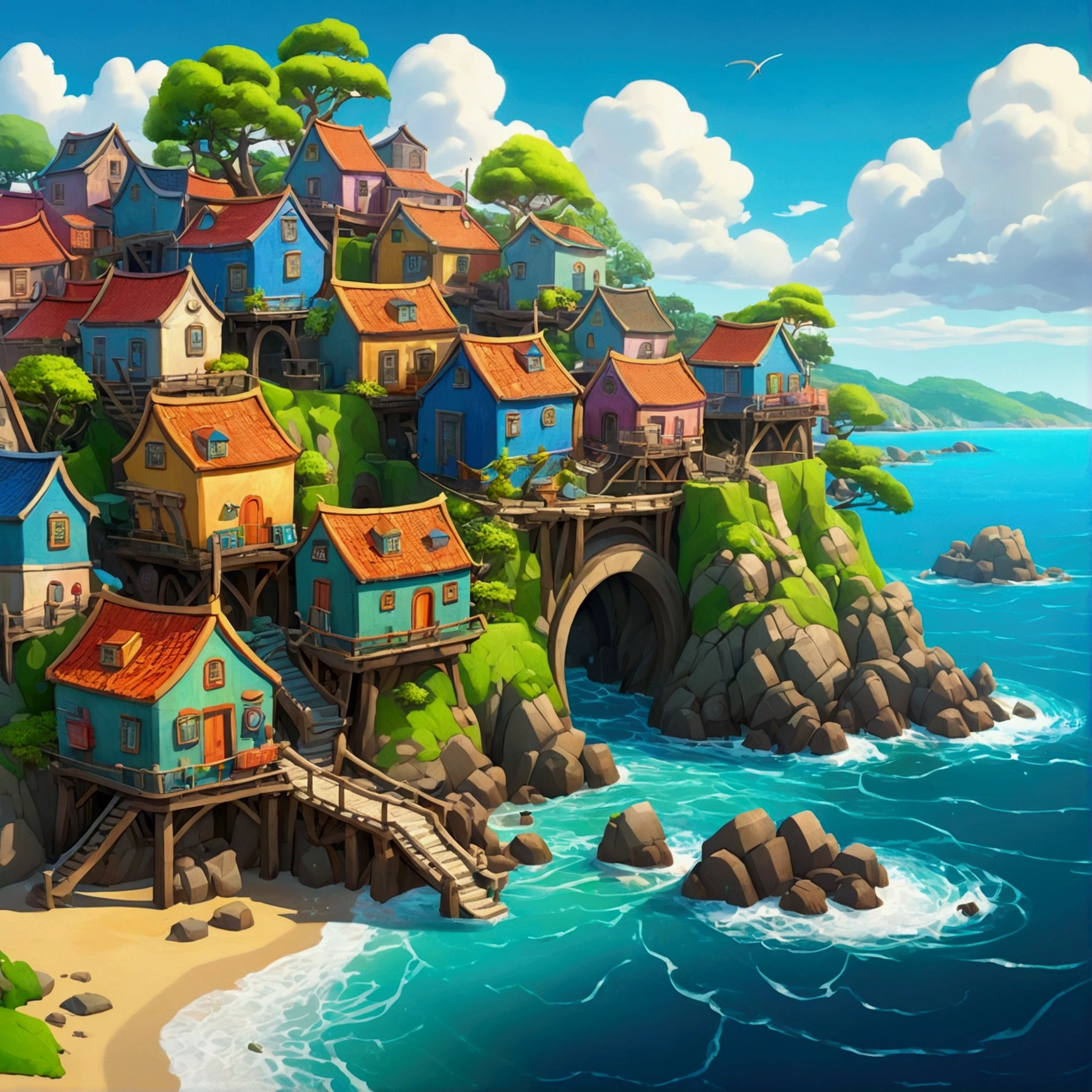 Kawashi style fantasy painting of a coastal village., rendering in Cinema4D, convex, precision marine parts, Creative Character Design, Quirky cartoon style, 32k for 2:1