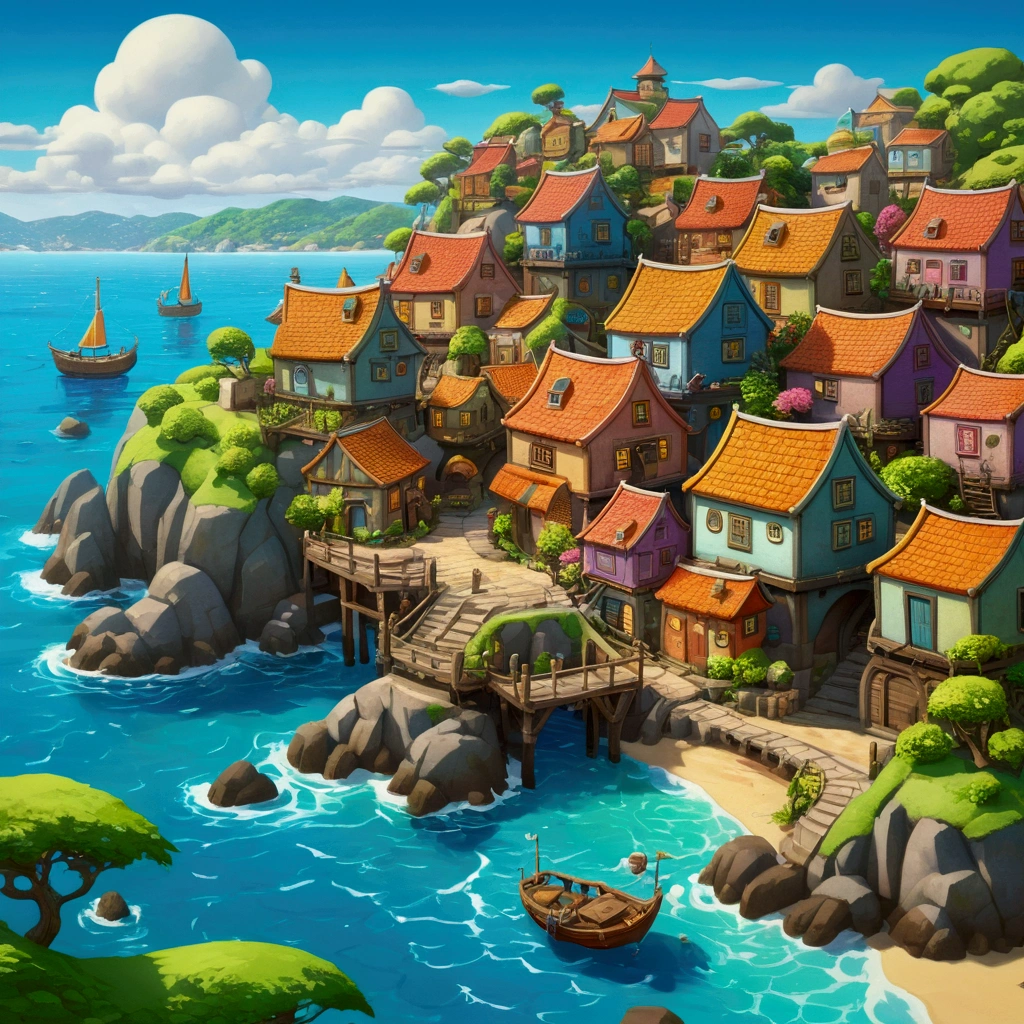 Kawashi style fantasy painting of a coastal village., rendering in Cinema4D, convex, precision marine parts, Creative Character Design, Quirky cartoon style, 32k for 2:1