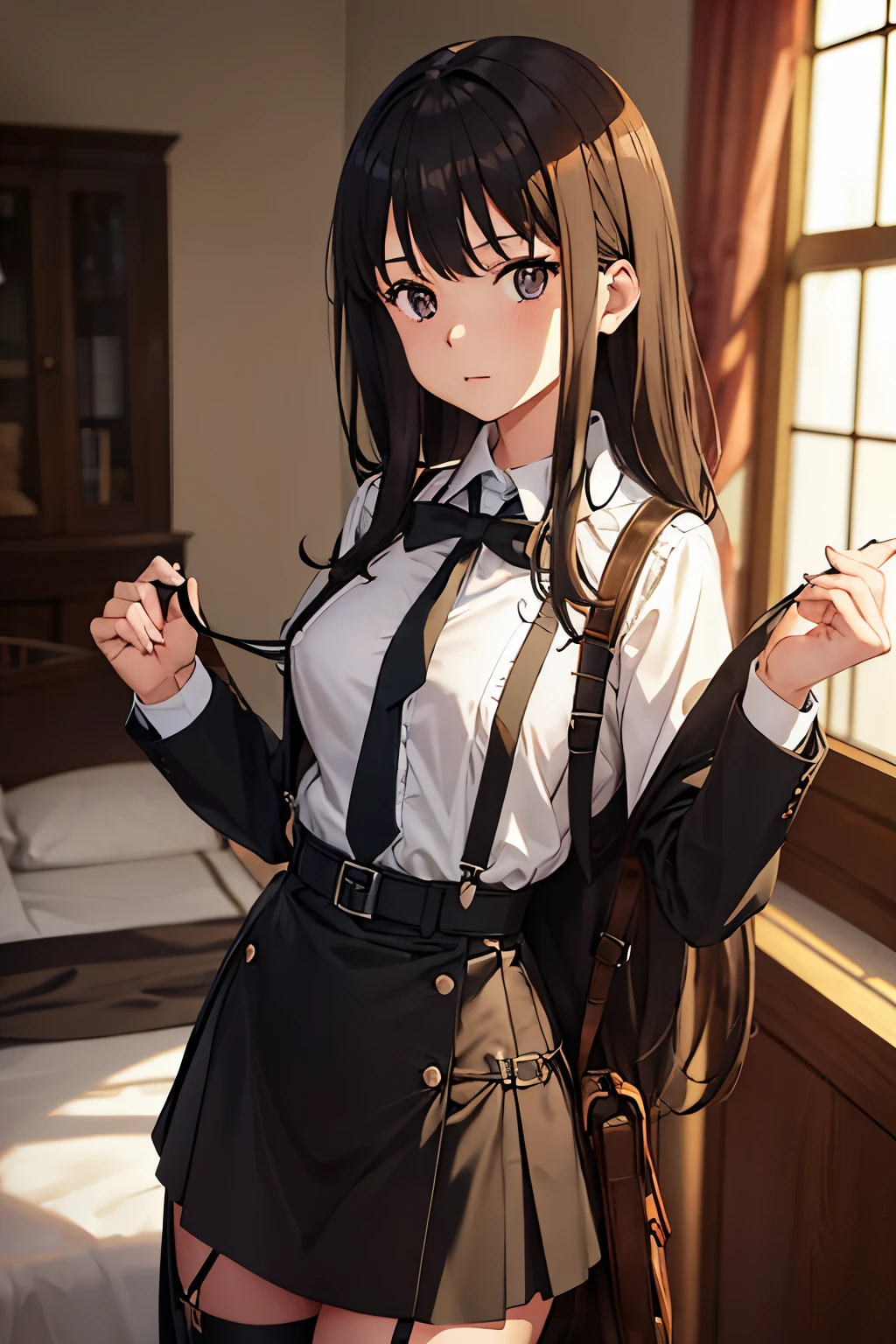 masterpiece、flat-colors、depth of fields、lens flare 1 girl、、Brown hair、watching at viewers black suspenders Bulging big breasts walls: Black miniskirt garters Gaze Small face bangss holster Belt Armament Beautuful Women srestrained hands up Lying in bed Sleep in a leg holster bed Pants in the gap 20hindquarters suits