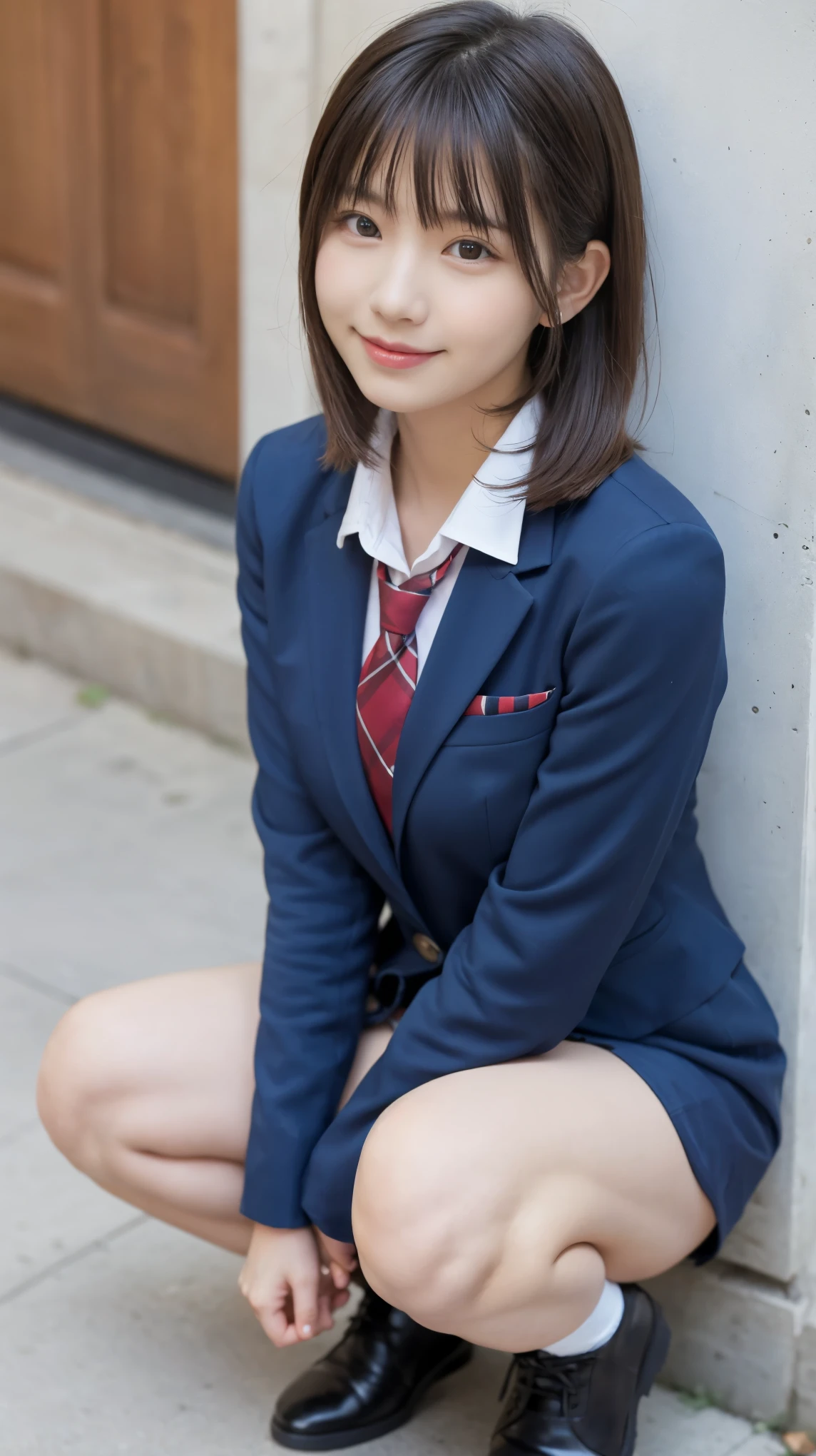 歩道でsquatかわいい18歳の女の子,Red Tie Uniform,Dark Blue Blazer,Blue checked mini skirt,bangs,A small smile,Thighs,knees,Random Pause，pretty girl，Slender girl，squat，