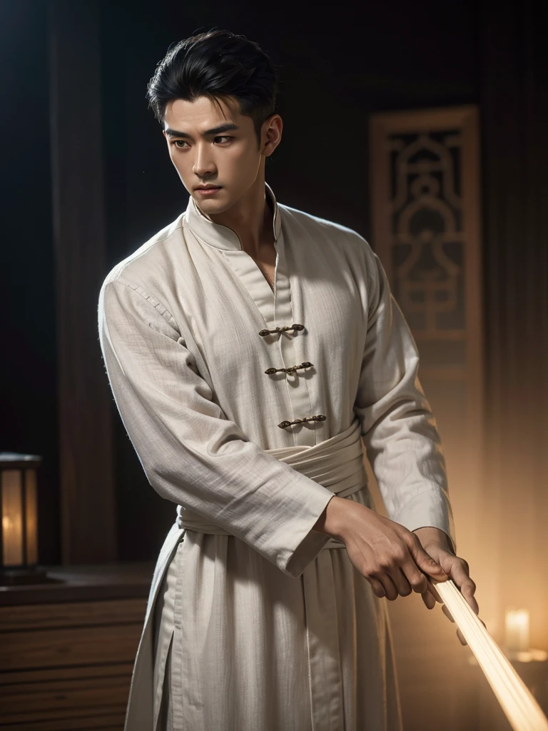 An old Taoist,Wear linen,realisticlying,dynamic lights,Brush cut,Thin stature,no facial hair,full shoot,inch hair,(Highly detailed CG Unity 8k wallpaper),high detal,tack sharp focus,dramatic,Photoreality