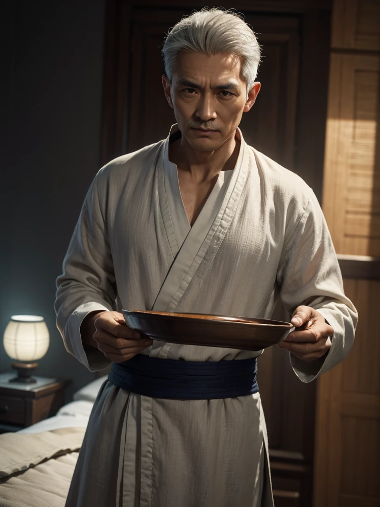 An old Taoist,Wear linen,realisticlying,dynamic lights,Brush cut,Thin stature,no facial hair,full shoot,inch hair,(Highly detailed CG Unity 8k wallpaper),high detal,tack sharp focus,dramatic,Photoreality