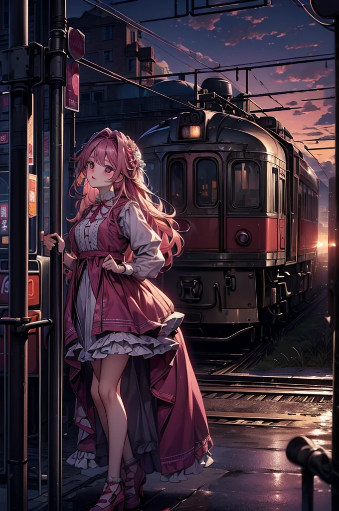 magenta tint、vibrant with colors、((tmasterpiece)))、(((quality)))、((ultra - detailed))、(Surreal)、(Very detailed CG illustration）、offcial art、CD cover、It will be、midsummer、The glorious 1980s、1 Sister，ssmile、cochetti gorgeous、incomparable beauty、long whitr hair，short blouse，Superskirt、perfect angle、Perfectcomposition、corner store，(evening，trains station，trains，Cloud)，