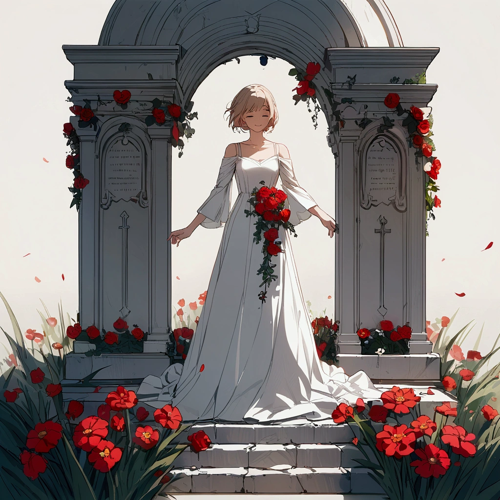 Red flowers, grave, woman in white dress, smile, plain beige background, simple