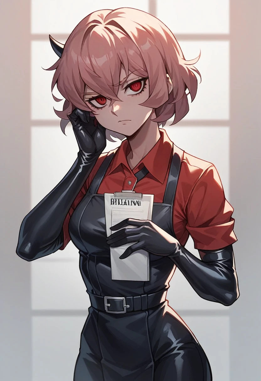 1girl, malina \(helltaker\), ((blue half elbow gloves)), ((surgical gloves)), ((latex gloves)), ((long sleeves)), looking at viewer, ((surgeon uniform)), standing, solo