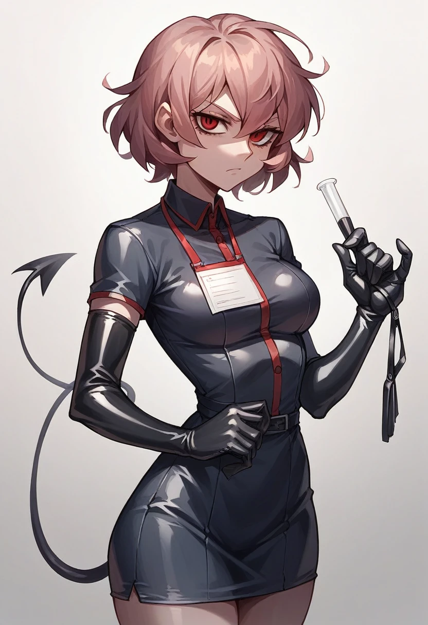 1girl, malina \(helltaker\), ((blue half elbow gloves)), ((surgical gloves)), ((latex gloves)), ((long sleeves)), looking at viewer, ((surgeon uniform)), standing, solo