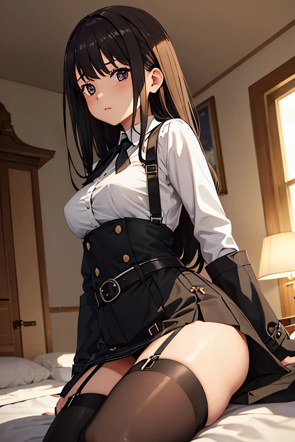 ​masterpiece、flat-colors、depth of fields、lens flare 1 girl、、Brown hair、watching at viewers　　　black suspenders　　　Bulging big breasts　　　 　 　　　walls: 　Black miniskirt　garters　　　　　　Gaze　　　Small face　bangss 　　　holster　　Belt Armament　Beautuful Women　srestrained　hands up　Lying in bed　Sleep in a leg holster bed　Pants in the gap　２０hindquarters　suits