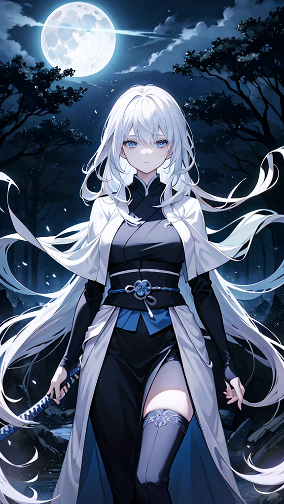 A stunning female version of Satoru Gojo from Jujutsu Kaisen, standing confidently in a dramatic, moonlit landscape. She has long 、flowing white hair that contrasts with her deep blue eyes, covered by a stylish black blindfold. Her outfit is a sleek, modern take on traditional sorcerer's robes, with intricate patterns and a flowing cape. She stands with a confident posture, one hand casually holding a katana at her side, while the other hand is extended, channeling a powerful blue aura. The background is a mix of ancient Japanese architecture and a mystical forest, with ethereal lights floating around, adding to the magical atmosphere.