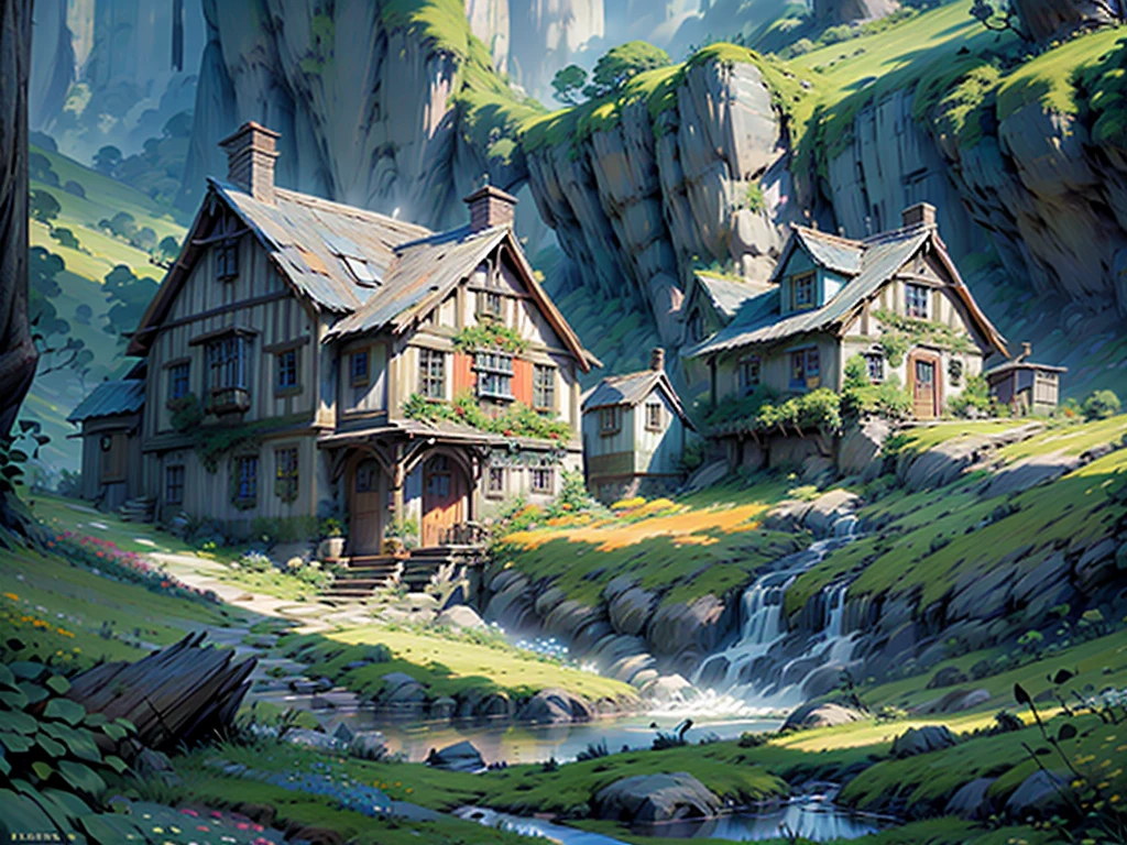 Hobbit girl hanging out laundry in the Shire, lush green hills, charming Hobbit houses, vibrant and playful colors, warm sunlight, peaceful and joyful atmosphere, detailed background, flowers and trees, scenic landscape, cozy and inviting, ultra-detailed, high quality, 4K.