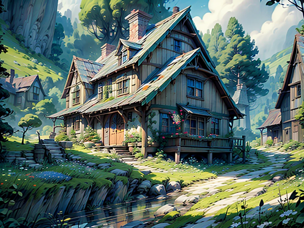 Hobbit girl hanging out laundry in the Shire, lush green hills, charming Hobbit houses, vibrant and playful colors, warm sunlight, peaceful and joyful atmosphere, detailed background, flowers and trees, scenic landscape, cozy and inviting, ultra-detailed, high quality, 4K.