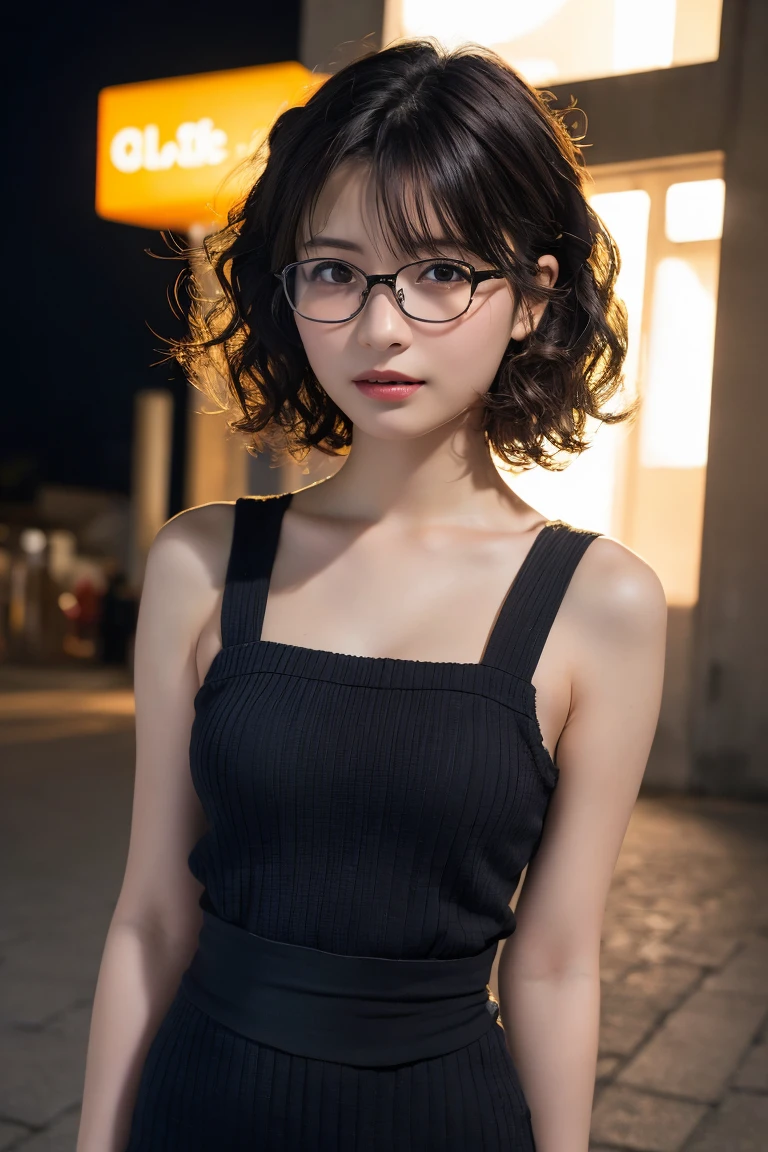 (8k、RAW Photos、Highest quality、masterpiece:1.2)、(Realistic、Photorealistic:1.37)、Ultra-detailed、Ultra-high resolution、1 girl、Seeing the viewer、Beautifully detailed face、Laughter、narrow、(Narrow waist) :1.3)、Chic autumn clothes、Beautifully detailed skin、Skin Texture、Floating Hair、((Curly Hair, Quirky hairstyle, Ahoge))、Professional Lighting、In front of the station at night、((Black square glasses ))、Human whole body、Brown Hair