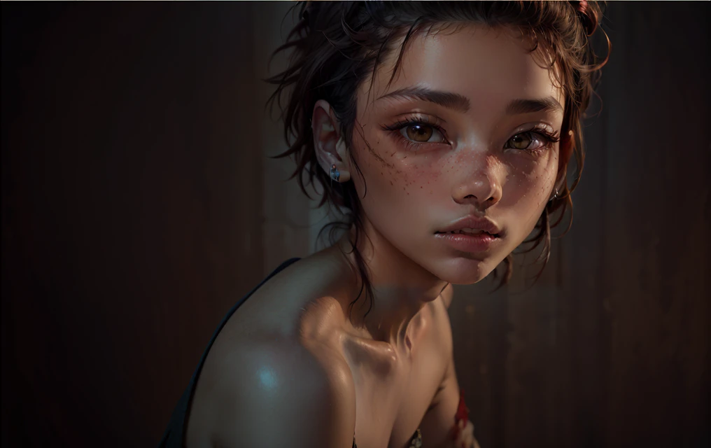 One, blonde girl, one eyed, brown eye, scared face, horror, despair, wound, blood on the face, looking up, masterpiece, Best quality, dark background, night