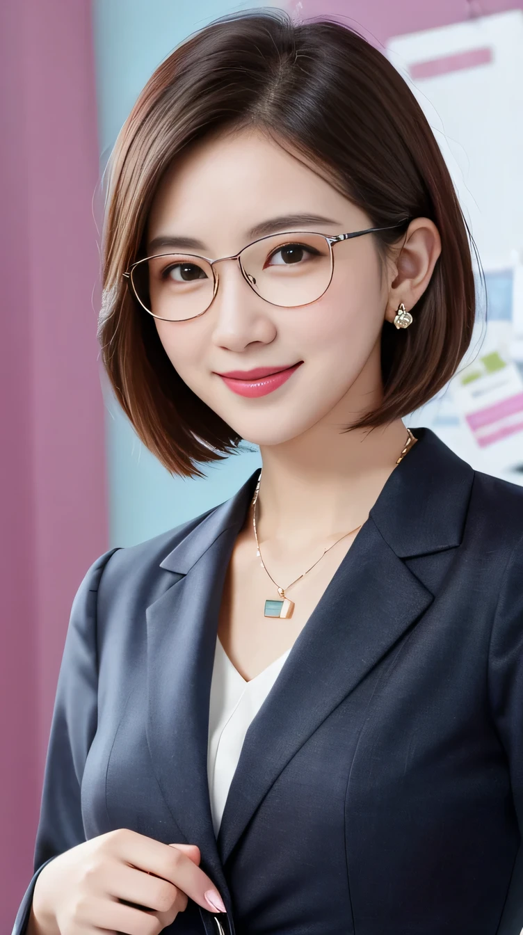 Highest quality:1.2), RAW Photos, High resolution, Very detailed, Intricate details, 、ear piercing、、Closed mouth smile、、short hair、Black Hair、Glasses、Clear beauty,(High quality fabric, Office Lady Suits 、Necklace around the neck、, The background is the office

