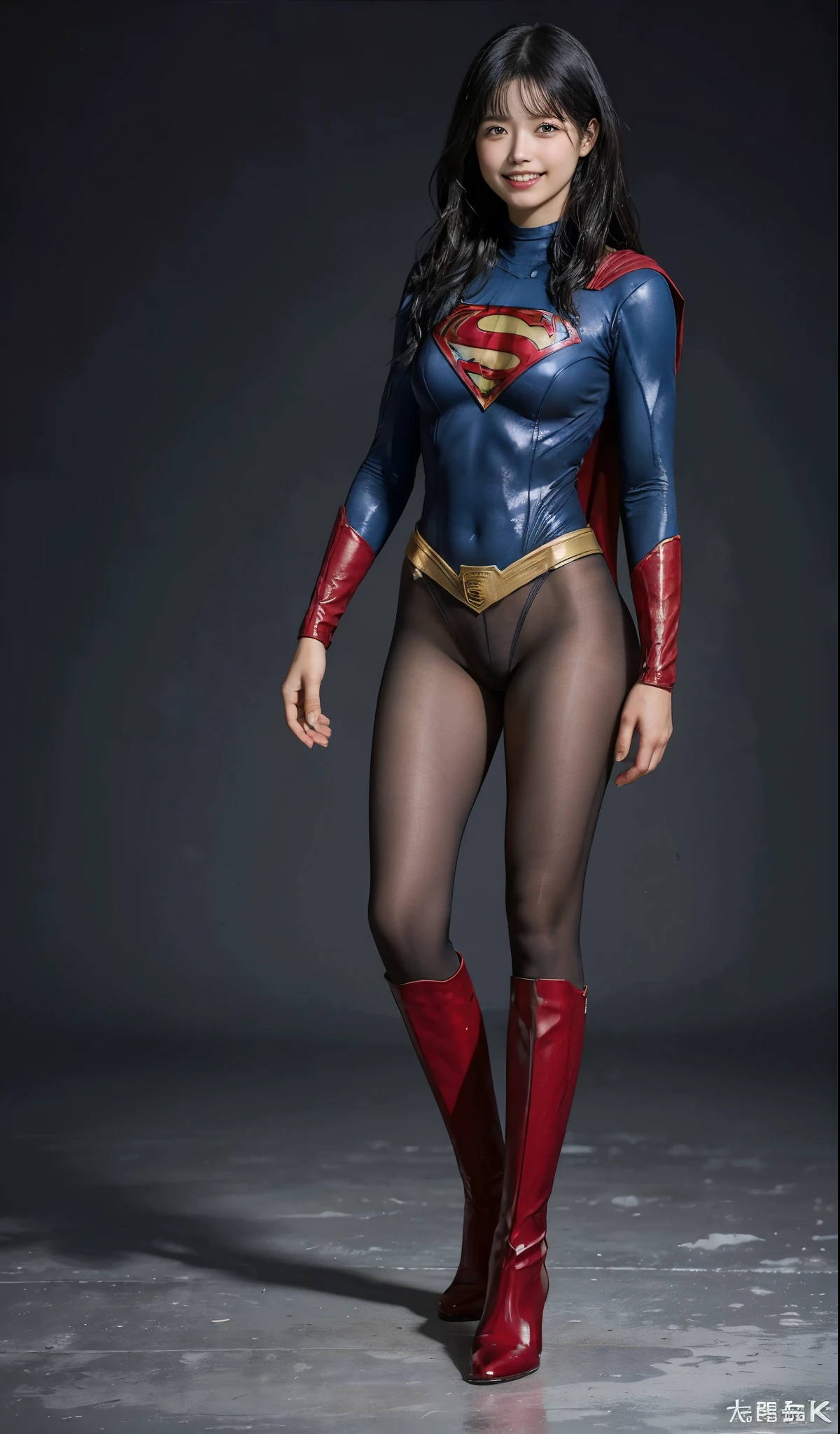 No background、(((Beautiful legs in black tights.)))、(((Legally express the beauty of your smile)))、((((Make the most of your original images)))、(((Supergirl Costume)))、(((short and beautiful hair)))、(((Smiles and winks)))、(((Please wear black tights....、Wear red boots)))、((Best image quality、8k))、((Highest quality、8k、masterpiece:1.3))、(((Preserve background )))、Sharp focus:1.2、Beautiful woman with perfect figure:1.4、Slim Abs:1.2、Wet body:1.5、Highly detailed face and skin texture、8k