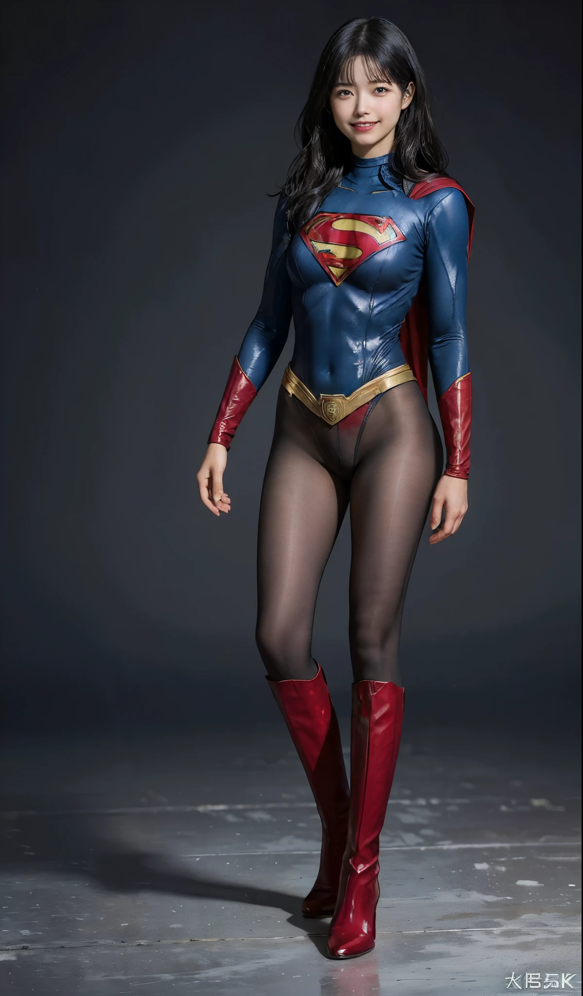 No background、(((Beautiful legs in black tights.)))、(((Legally express the beauty of your smile)))、((((Make the most of your original images)))、(((Supergirl Costume)))、(((short and beautiful hair)))、(((Smiles and winks)))、(((Please wear black tights....、Wear red boots)))、((Best image quality、8k))、((Highest quality、8k、masterpiece:1.3))、(((Preserve background )))、Sharp focus:1.2、Beautiful woman with perfect figure:1.4、Slim Abs:1.2、Wet body:1.5、Highly detailed face and skin texture、8k