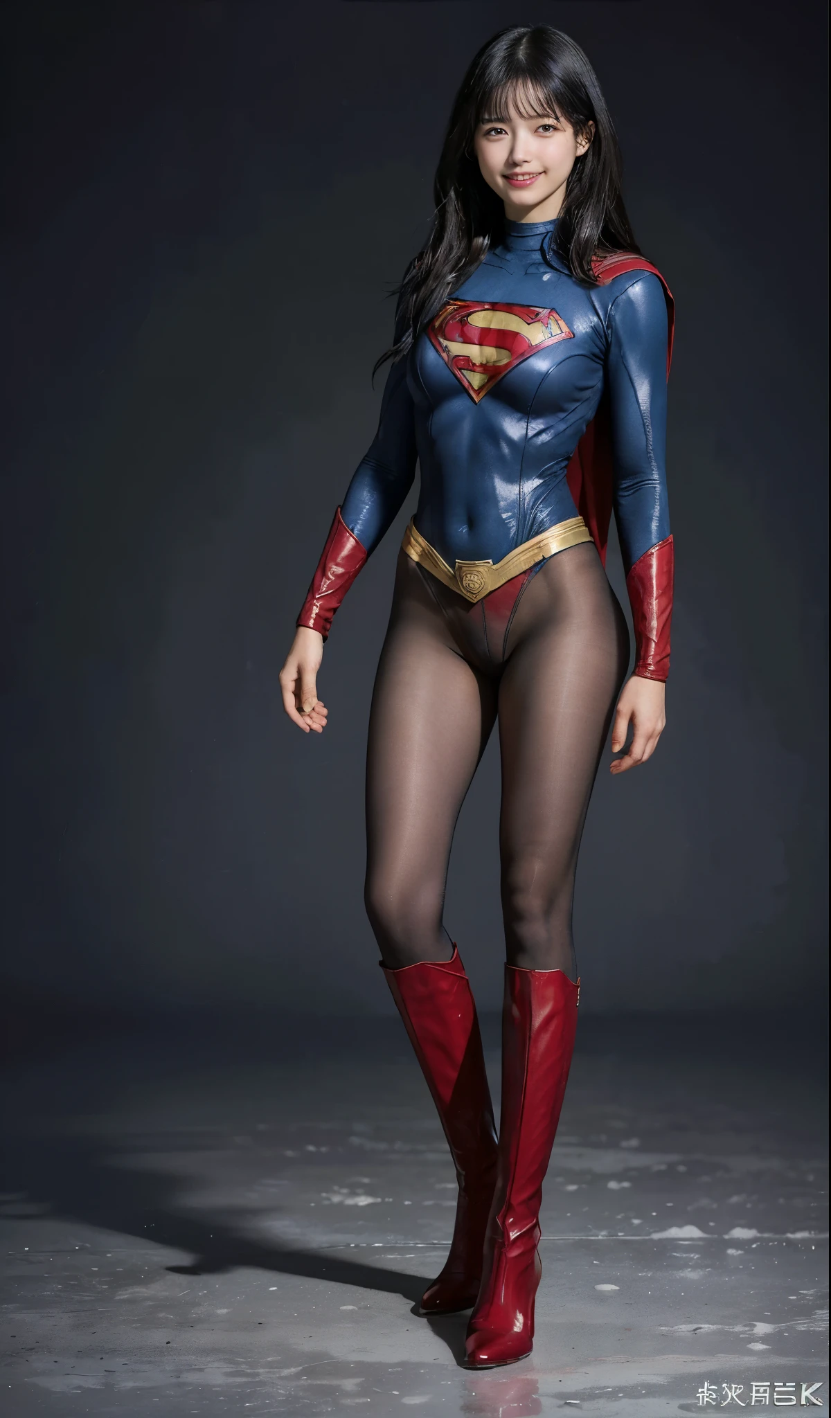 No background、(((Beautiful legs in black tights.)))、(((Legally express the beauty of your smile)))、((((Make the most of your original images)))、(((Supergirl Costume)))、(((short and beautiful hair)))、(((Smiles and winks)))、(((Please wear black tights....、Wear red boots)))、((Best image quality、8k))、((Highest quality、8k、masterpiece:1.3))、(((Preserve background )))、Sharp focus:1.2、Beautiful woman with perfect figure:1.4、Slim Abs:1.2、Wet body:1.5、Highly detailed face and skin texture、8k