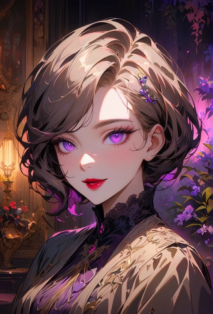 anime,Beautiful attention to detail,Beautiful lip detail,Highly detailed eyes and face,Long eyelashes,colorful,Vibrant colors,Portraiture,landscape,Horror,Studio Lighting,Sharp focus,Physically Based Rendering,Very detailed explanation,Professional,Bokeh,High resolution,超High resolution,Ultra-fine painting,Concept Artist,Gothic,Beautiful Witch,Dark atmosphere,Vibrant colors,Soft lighting,magical plants,Flowing Lavender,anime-style characters,Mysterious Shadow,Exquisite detail,Vintage furniture,Luxurious texture,Eye-catching composition,Romantic atmosphere、 holding a glass with a lipstick mark on it. The woman is smiling gently, with short hair and wearing a stylish outfit. The wine glass is elegant and clear, showing a red lipstick mark near the rim. The background is softly lit, creating a warm and inviting atmosphere