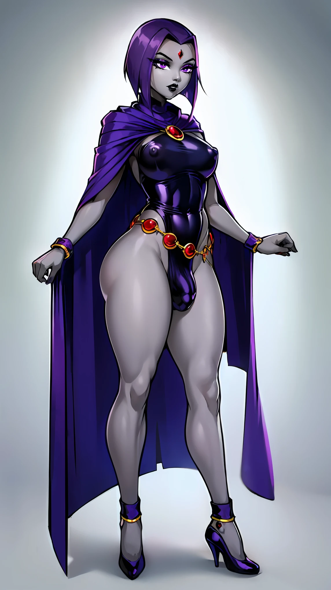 (solo:1.1),(masterpiece), (best quality:1.3), ultra detailed, intricate, professional art, digital art, absurdres, shadraven, (Full body view:1.1), 1girl, solo, (grey skin:1.4), dark purple hair, bob hair, dark purple eyes, hips wider than shoulders, pear shaped body, jewellery, detailed thighs, thick thighs, red jewel in forehead, jewels, (long sleeved turtleneck leotard:1.3), cuffs, small breasts, nipple bulge, (shadraven long cloak), (Shadraven broach:1.2), Shadraven jewel belt, Shadraven wearing a long sleeved leotard, long legs, ( long crotch bulge:1.4), large penis, large testicles, side view, looking at viewer, bubble butt , gluteal crease, universal lighting,