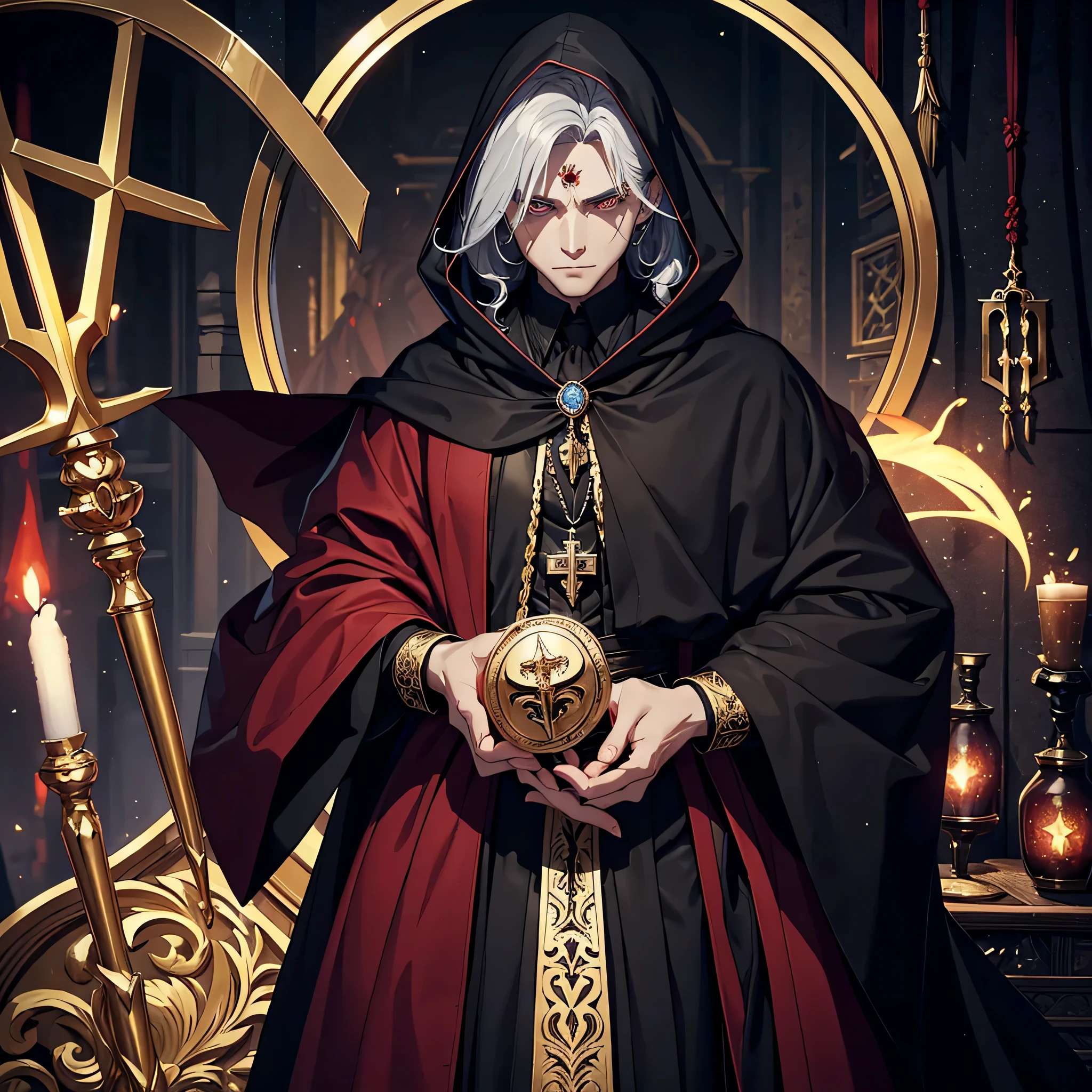 Robes of the Apostles of the Vampire Religion Ceremonial Robes: Farbe: The man dressed in robes is predominantly black, symbolizing the connection with darkness and the mystery of vampires. Details in deep red or burgundy, representing blood and life, adorn the edges and sleeves. Material: Made of luxurious fabrics such as silk or velvet, to give a sense of wealth and power. Farbete: Long and flowing, reaching the floor, with wide sleeves that open in a bell shape, allowing for graceful and imposing movements during ceremonies. Hooded cloak: Hooded cloak: A wide hood that can partially cover the face, adding an air of mystery and reverence. The interior of the hood is lined with red fabric, visible when the hood is worn. Details: The cloak is fastened at the shoulder with brooches in the shape of bats or stylized crosses, symbols associated with vampires. Adornments and accessories: Necklaces: Heavy necklaces with pendants in the shape of vampire teeth, drops of blood, or small vials containing red liquid, symbolizing the essence of life and submission to vampiric power. Belts: Dark leather belts with ornate buckles, in which the apostles may carry small sacred books, amulets, or ritual tools. Gloves: Gloves of fine leather or black lace, to add a touch of elegance and mystery. Insignia and emblems: Symbols: Each apostle wears an insignia embroidered in silver or gold on their chest or cloak, representing their position within the religious hierarchy. The symbol may be an inverted cross with bat wings, a chalice filled with blood, or a crescent moon. Clues: Satin or silk clues across the chest, with inscriptions or runes in the ancient language of the vampires, indicating the apostle's title and order. Ceremonial Masks: Design: In certain ceremonies, the apostles may wear stylized masks of silver or black metal, with delicate features that resemble pale, immortal faces. The masks cover the eyes and nose, leaving only the mouth visible.