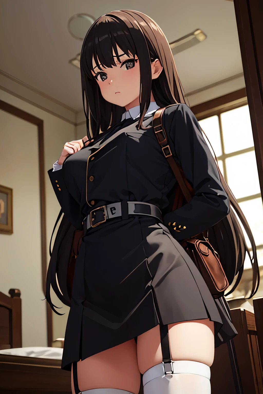​masterpiece、flat-colors、depth of fields、lens flare 1 girl、、Brown hair、watching at viewers　　　black suspenders　　　Bulging big breasts　　　 　 　　　walls: 　Black miniskirt　garters　　　　　　Gaze　　　Small face　bangss 　　　holster　　Belt Armament　Beautuful Women　srestrained　hands up　Lying in bed　Sleep in a leg holster bed　Pants in the gap　２０hindquarters　suits