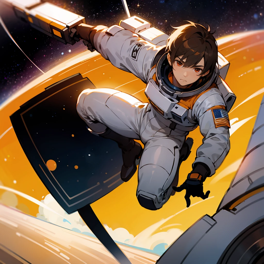 1male, Brown Hair, Orange Spacesuit, Short Hair, Black Boots, Sci-Fi Attire, Red Eyes, Focused Expression, Muscular, Astronaut, Adult Male, Space Station, Floating in Zero Gravity