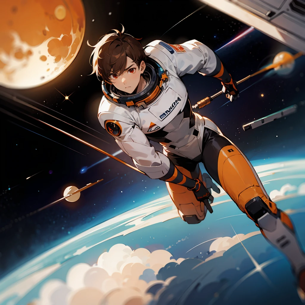 1male, Brown Hair, Orange Spacesuit, Short Hair, Black Boots, Sci-Fi Attire, Red Eyes, Focused Expression, Muscular, Astronaut, Adult Male, Space Station, Floating in Zero Gravity