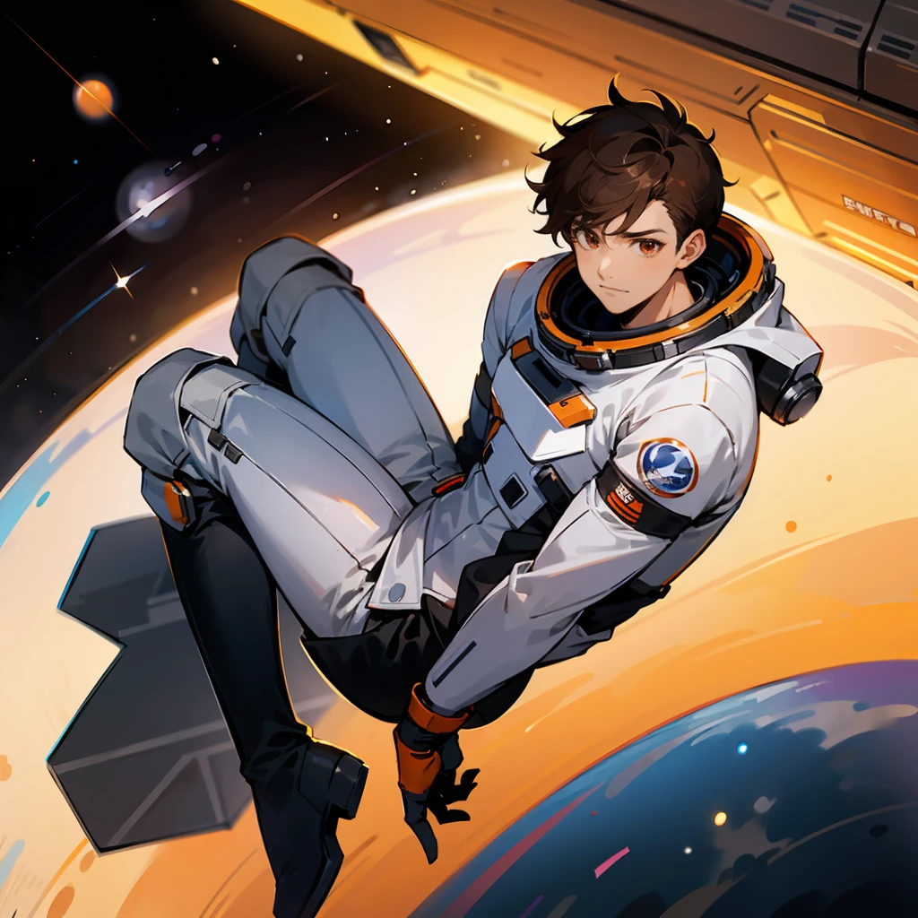 1male, Brown Hair, Orange Spacesuit, Short Hair, Black Boots, Sci-Fi Attire, Red Eyes, Focused Expression, Muscular, Astronaut, Adult Male, Space Station, Floating in Zero Gravity