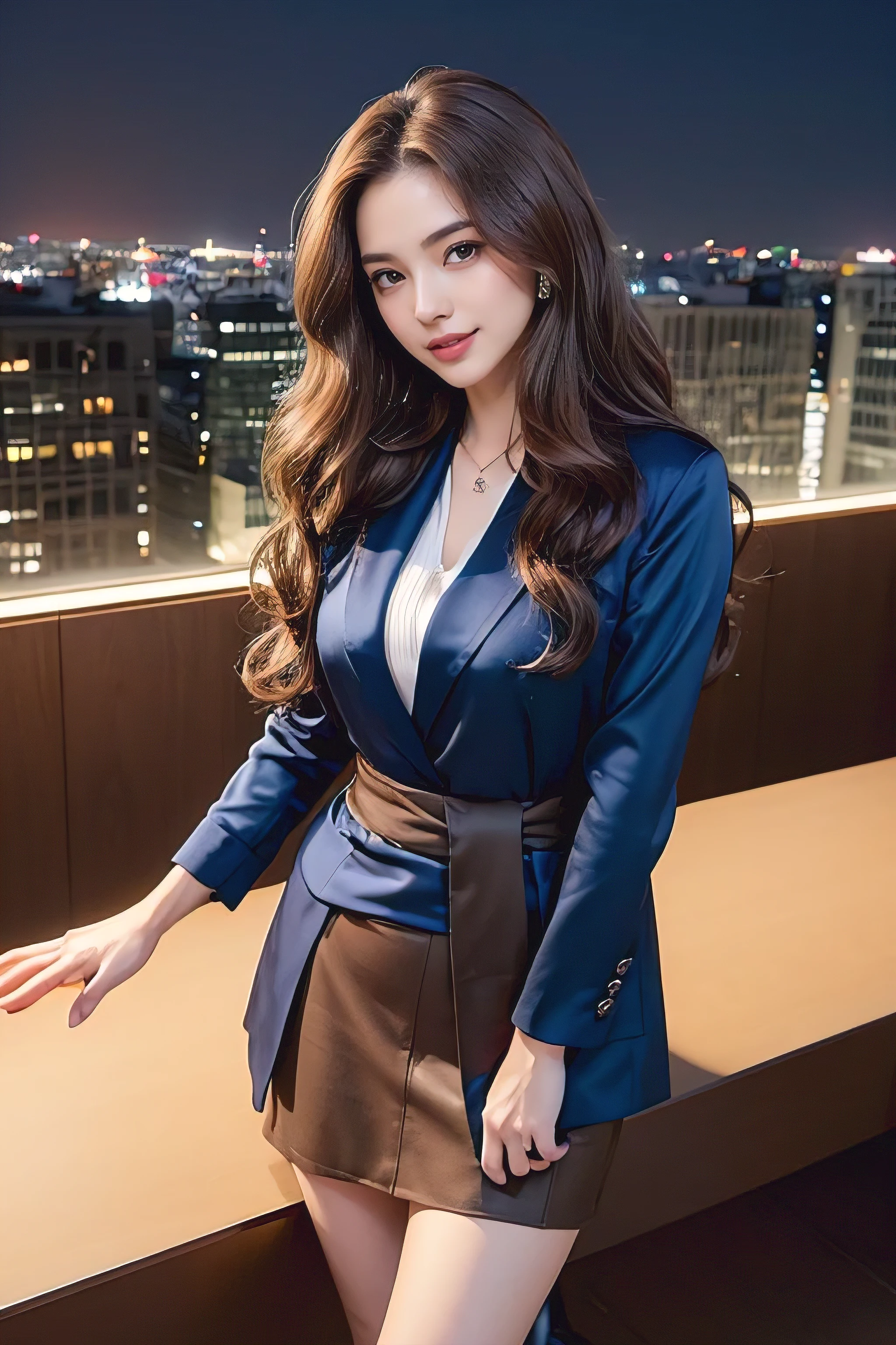(masterpiece:1.3), high resolution, ultra detailed, extremely detailed CG unity 8k wallpaper, realistic, photo-realistic, RAW photo, beautiful detailed face, pale skin, realistic glistening skin, detailed cloth texture, detailed hair texture, Perfect body, Beautiful Face, accurate, Anatomically correct, Highly detailed face and skin texture, natural neck length, (beautiful hands), (fair skin:1.2), Thin legs, Thin feet, Detailed eyes, symmetric eyes, Light Brown eyes, Double eyelids, Thin eyebrows, (Glossy lips:1.4), ((gently smile:1.2)), (blush:1.1), (A Classy and Cute girl:1.3),fullbody shot、((Super long brown hair with loose waves inside,reaching down to the waist:1.5))、blue necklace_Large earrings,((Office Lady,Black Office Blazer,luxurious blue silk blouse,Office Skirt:1.3)), ,((中くらいの乳:1.5))))((standing gracefully:1.5))((sitting on a chair, night view terrace background:1.3))