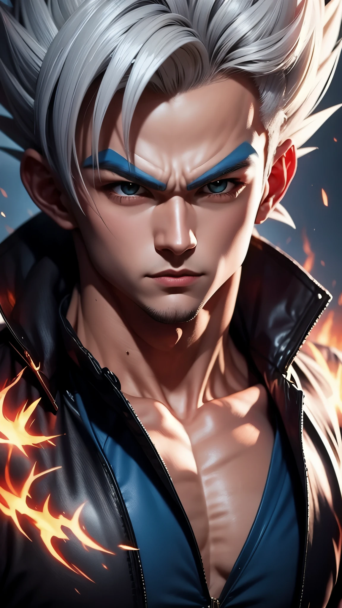 A true masterpiece of masculine beauty. Gohan, super sayagin 5, 20 years old, Wears a martial arts outfit and fights in a haunted and abandoned city, solo. Moonlight accentuates muscles just right. The landscape is lush and mysterious, with a dark city. The camera details everything. When looking at beautiful eyes, attractive blue eyes facing the viewer, one can clearly see every small detail, every perfect line, every detail of beautiful 8K quality skin, everyone is captivated by the beauty. Confidence radiates from every look. His head has white hair and his face is meticulously detailed in 8K quality images. Is a character in the Dragon Ball Seven series.​