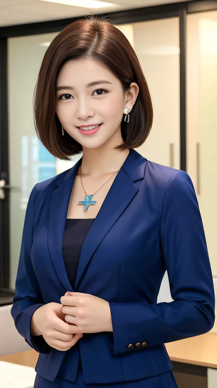 Highest quality:1.2), RAW Photos, High resolution, Very detailed, Intricate details, 、Two women standing side by side、ear piercing、、Closed mouth smile、、short hair、Black Hair、、Clear beauty,(High quality fabric, Office Lady Suits 、Necklace around the neck、, The background is the office